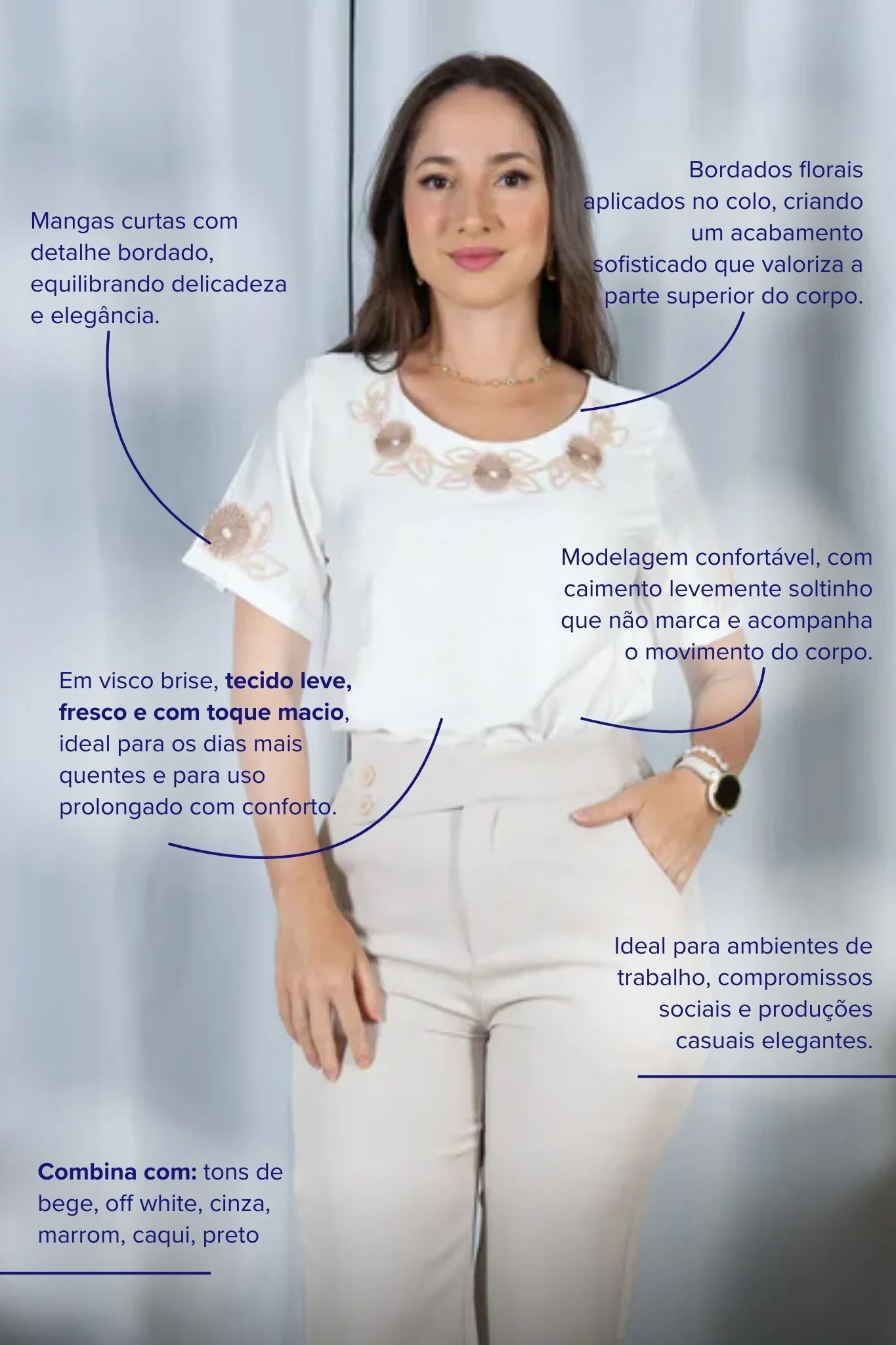 Blusa Manga Curta com Detalhes Bordados Colo Visco Brise Camila Branca - Image 6