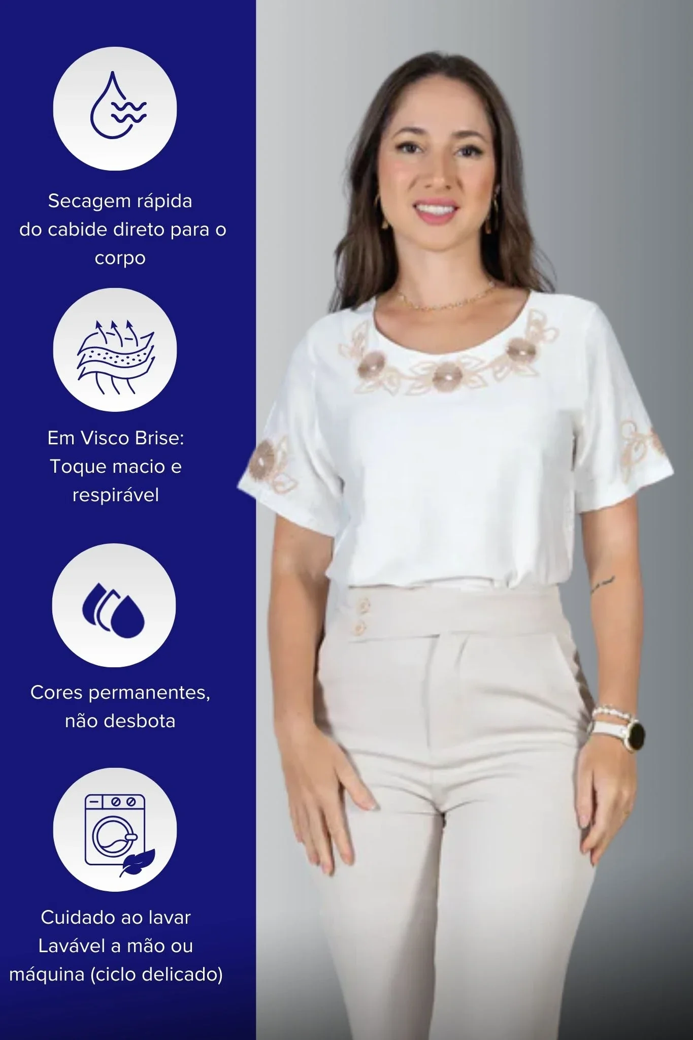 Blusa Manga Curta com Detalhes Bordados Colo Visco Brise Camila Branca - Image 7