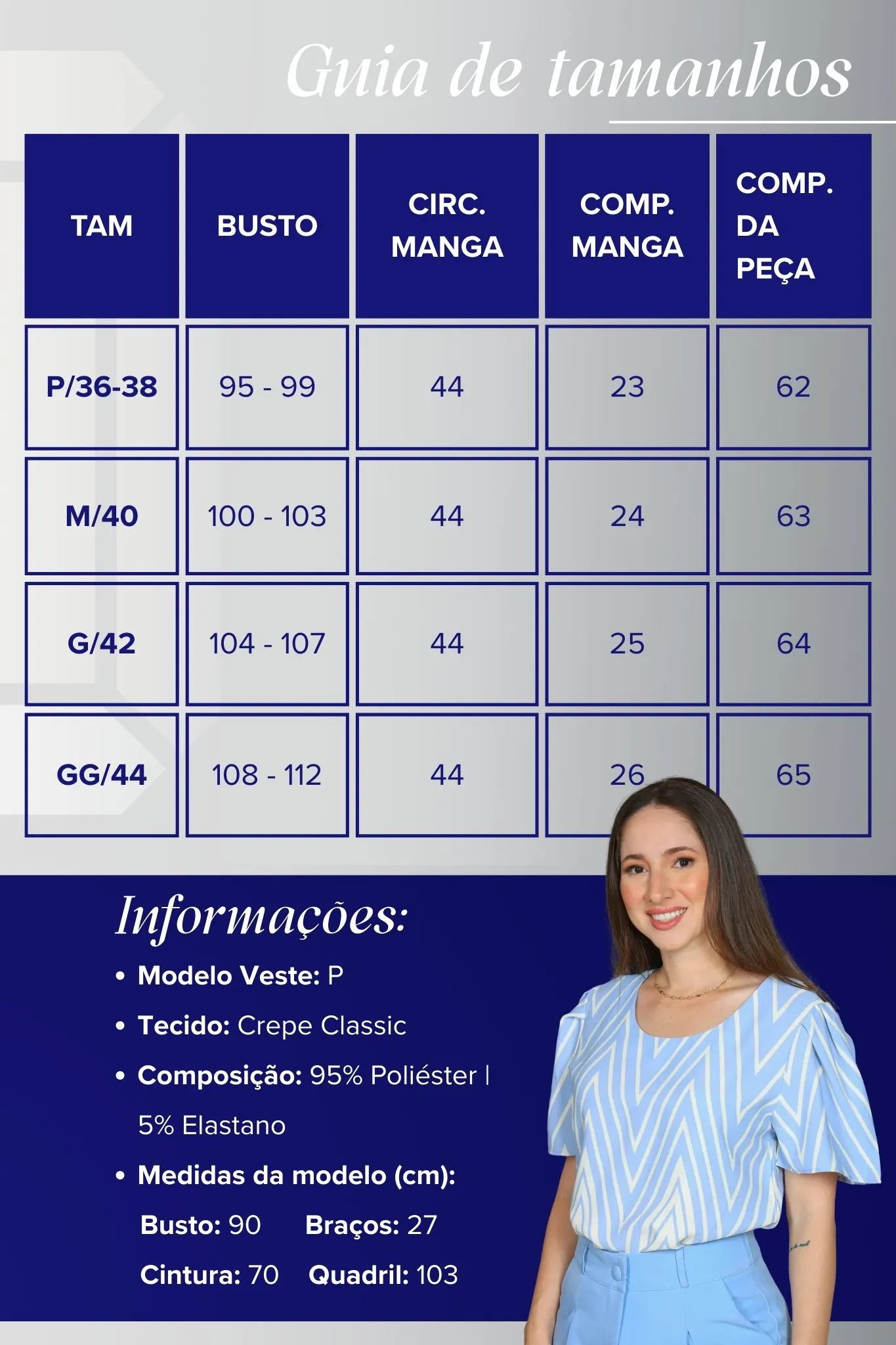 Blusa Manga Curta Crepe Classic Estampa Chevron Claudia Azul - Image 3