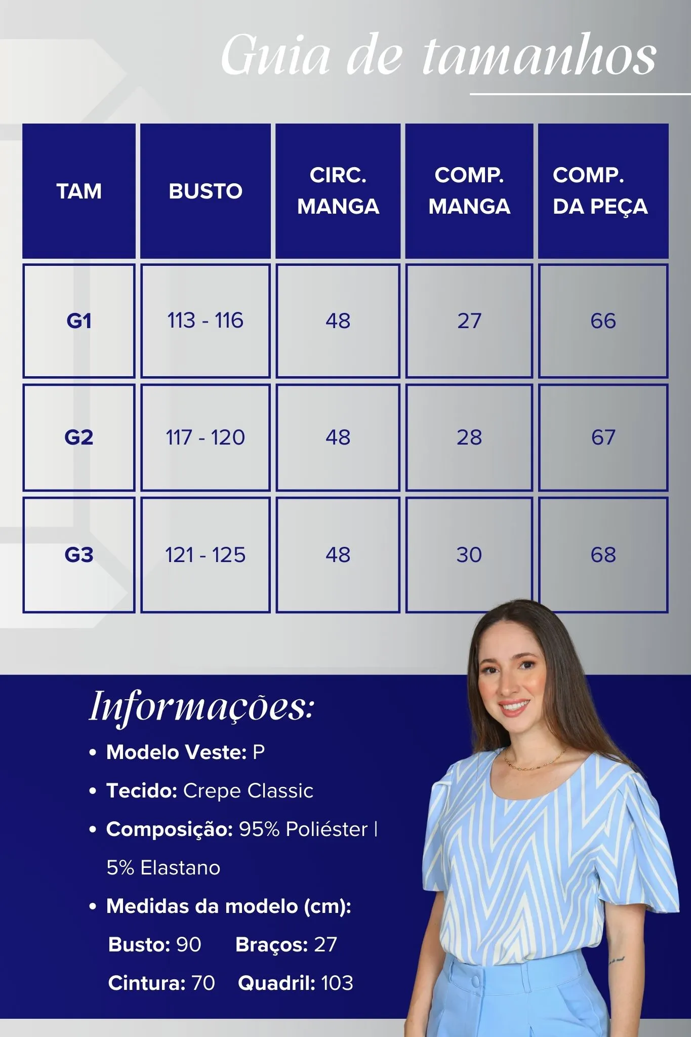 Blusa Manga Curta Crepe Classic Estampa Chevron Claudia Azul - Image 4