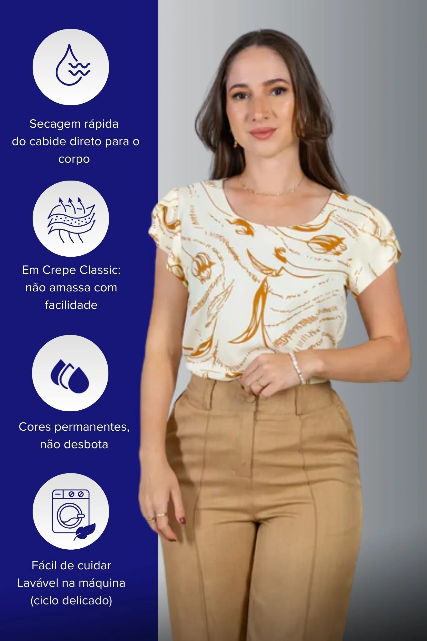 Blusa Manga Curta Transpassada Estampada em Crepe Classic Simone Bege - Image 6