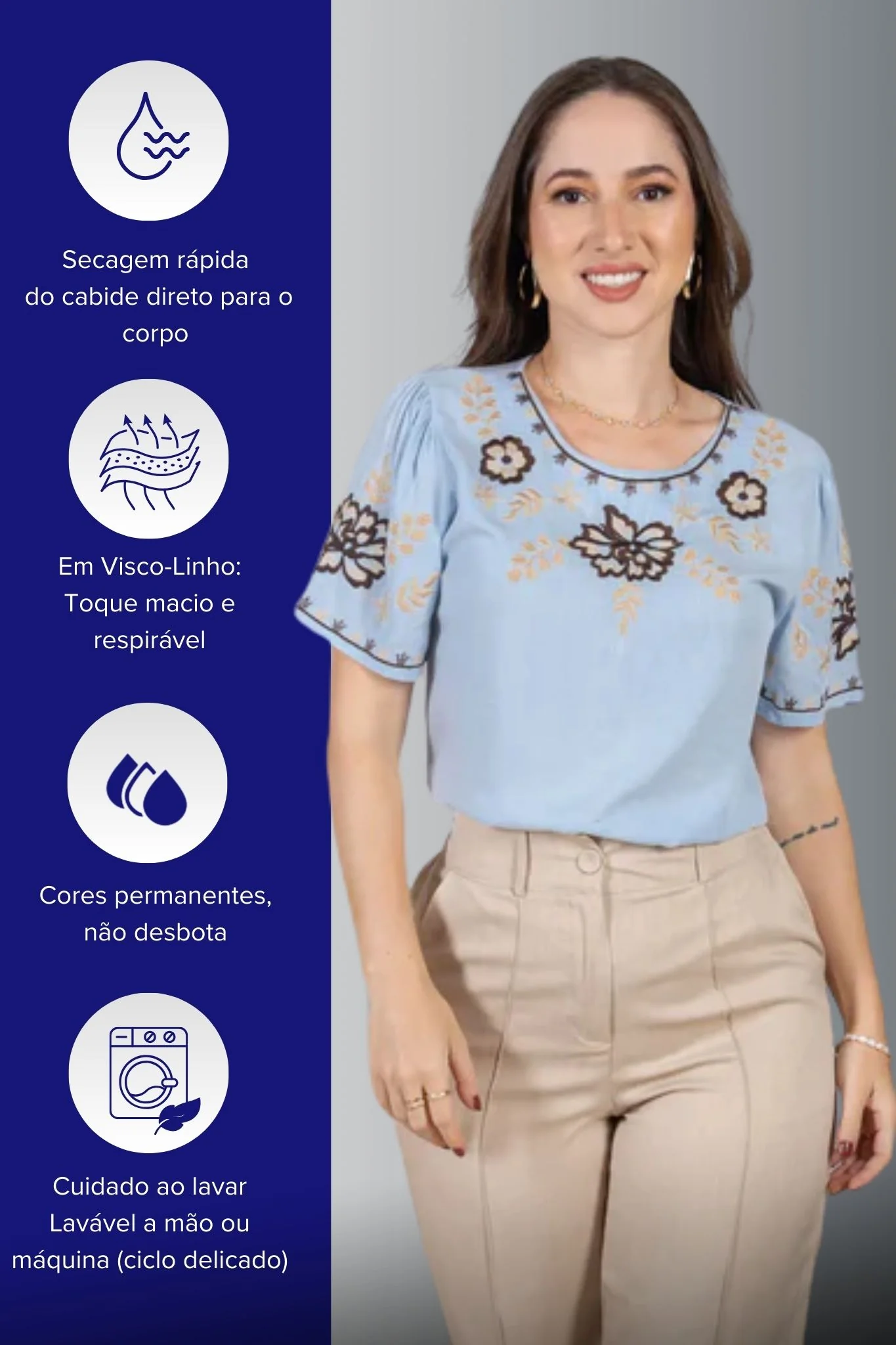 Blusa Manga Curta Visco-Linho Detalhes Bordados em Flores Darcy Azul - Image 6
