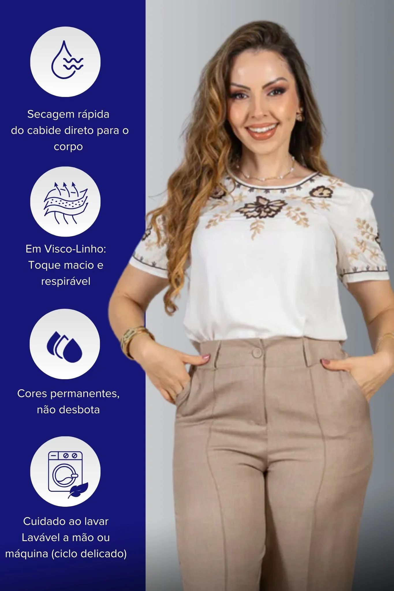 Blusa Manga Curta Visco-Linho Detalhes Bordados em Flores Darcy Branca - Image 6