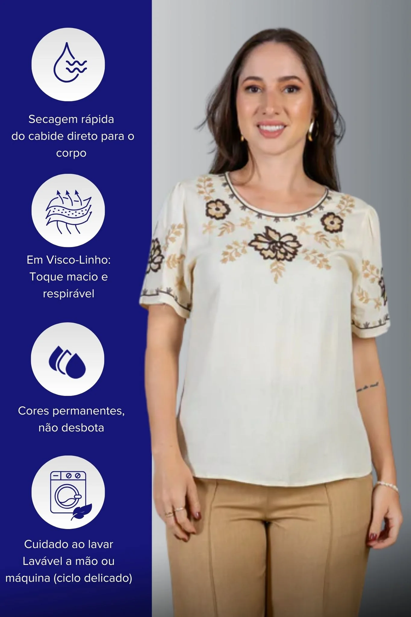 Blusa Manga Curta Visco-Linho Detalhes Bordados em Flores Darcy Creme - Image 5
