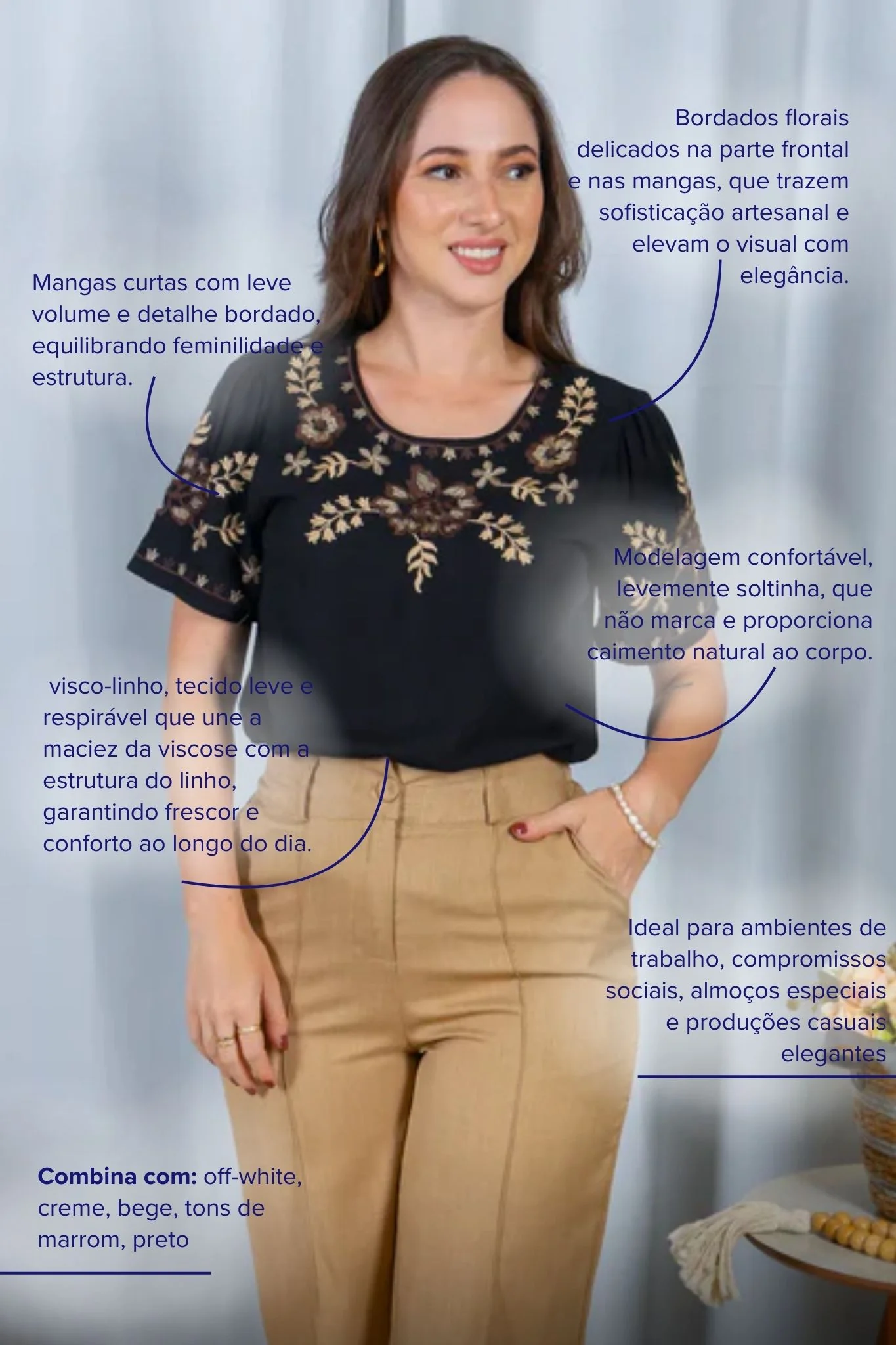 Blusa Manga Curta Visco-Linho Detalhes Bordados em Flores Darcy Preta - Image 4