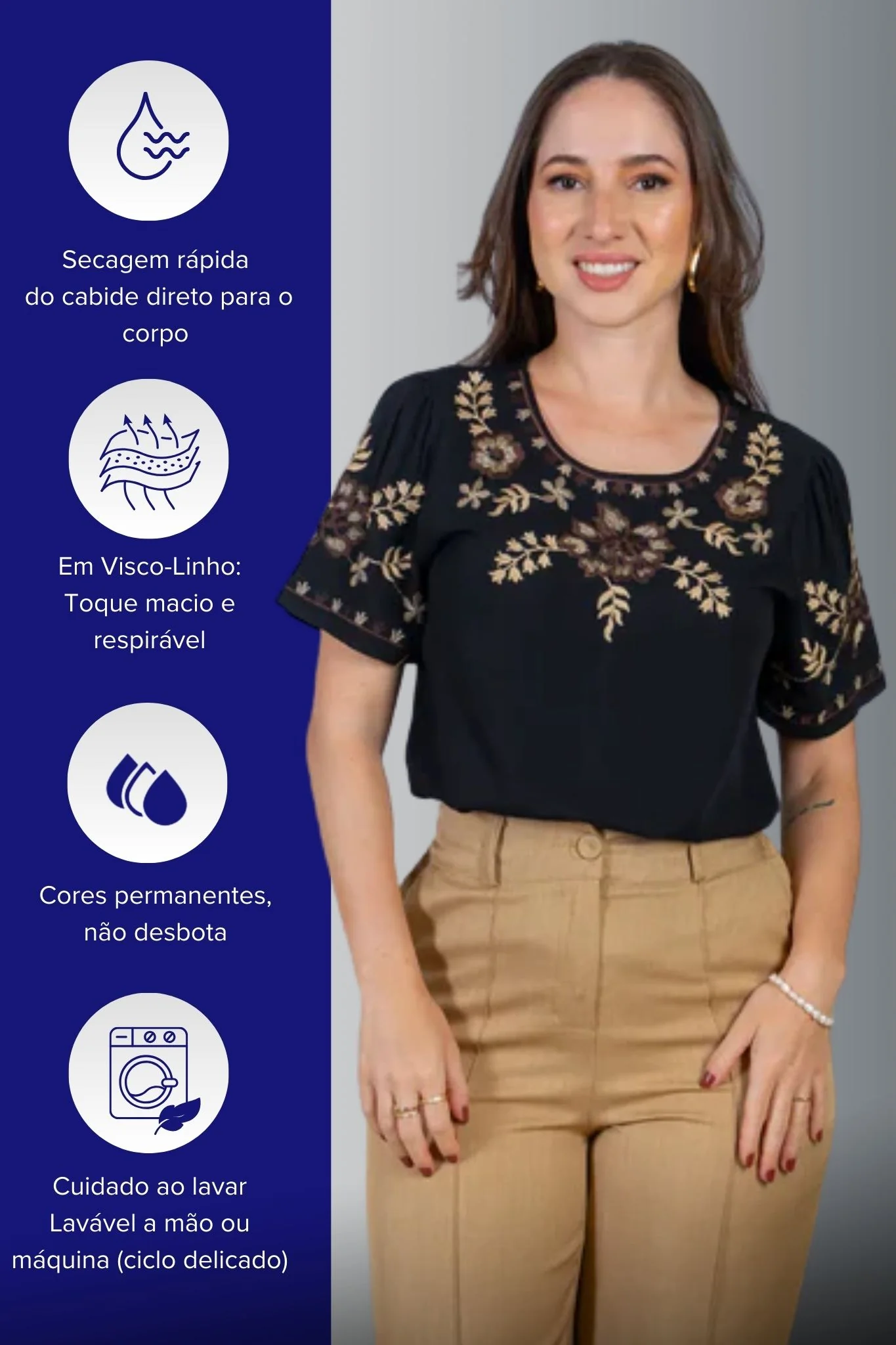 Blusa Manga Curta Visco-Linho Detalhes Bordados em Flores Darcy Preta - Image 5