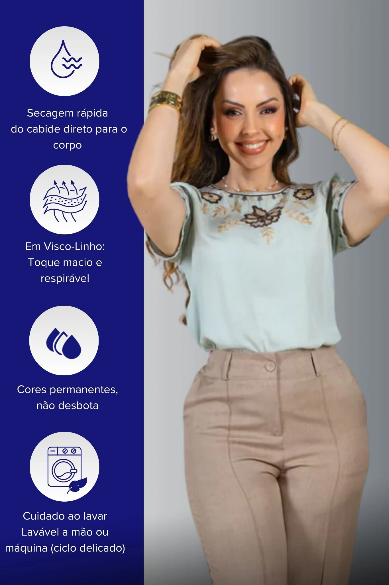 Blusa Manga Curta Visco-Linho Detalhes Bordados em Flores Darcy Verde - Image 6