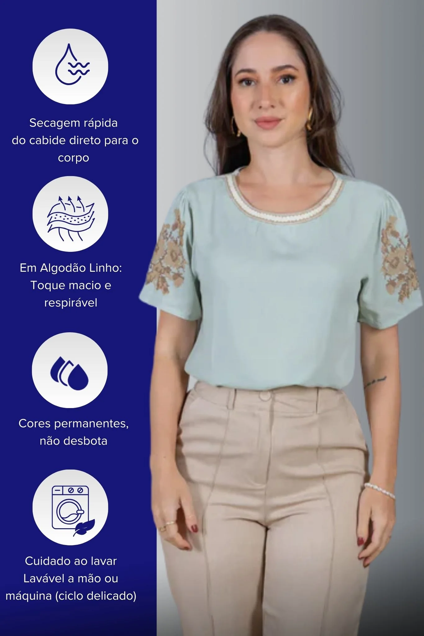 Blusa Manga Curta Visco-Linho Detalhes Bordados Marcela Verde - Image 4