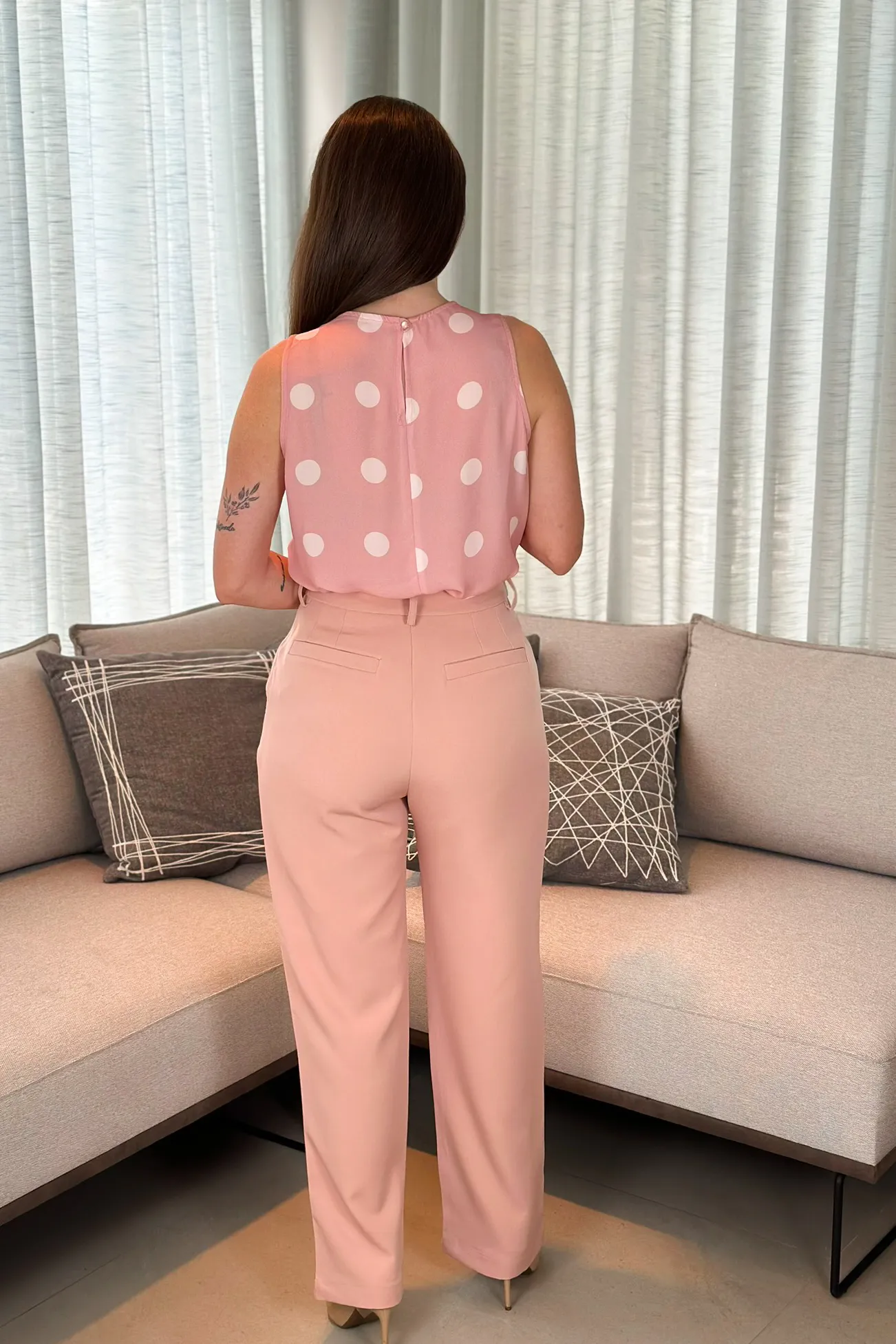 Blusa Regata Marcia Rosa Claro Estampada Poá Branca - Image 10