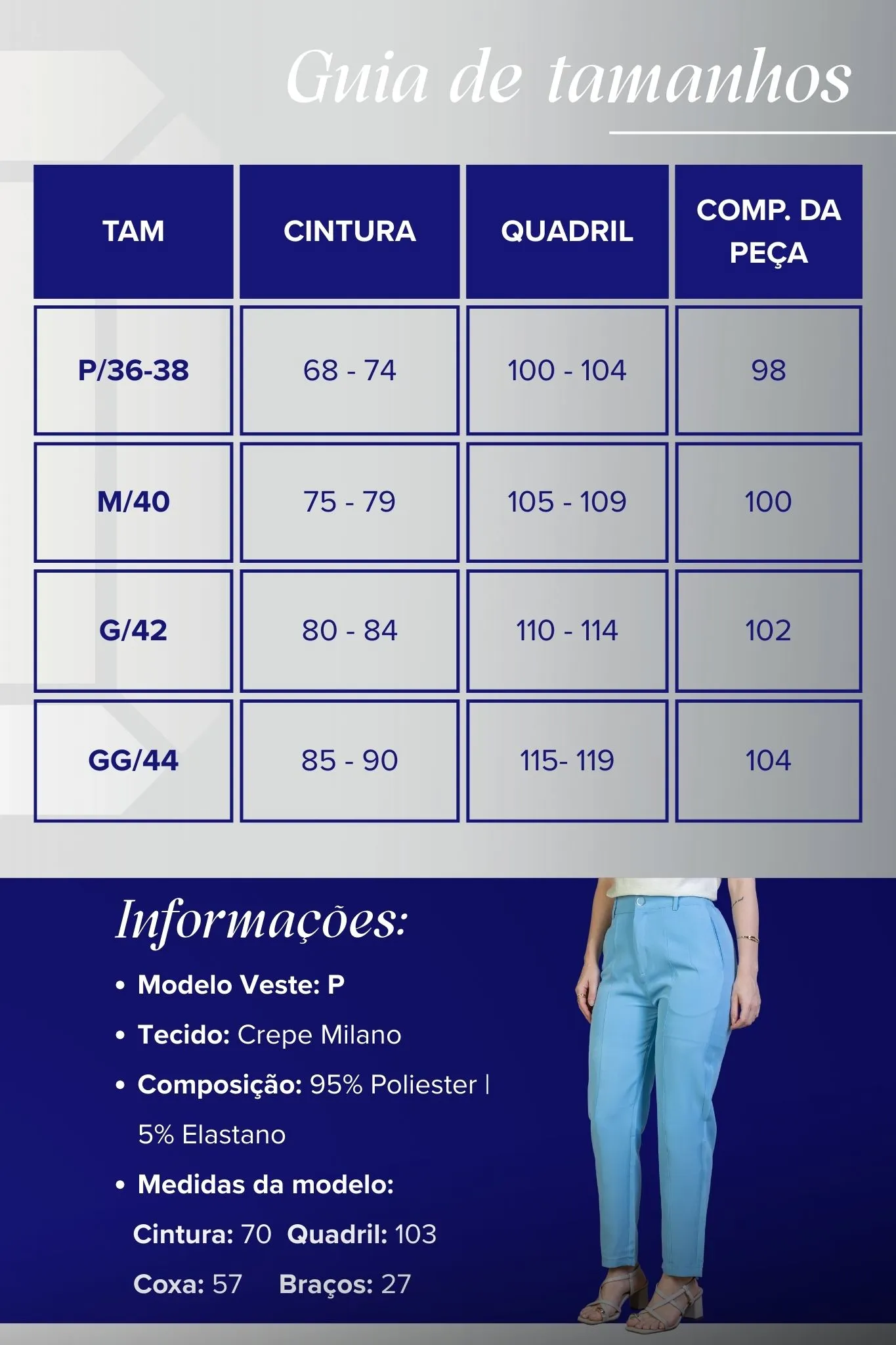 Calça Corte Reto Detalhe Botão Encapado Em Crepe Milano Maria Azul - Image 5