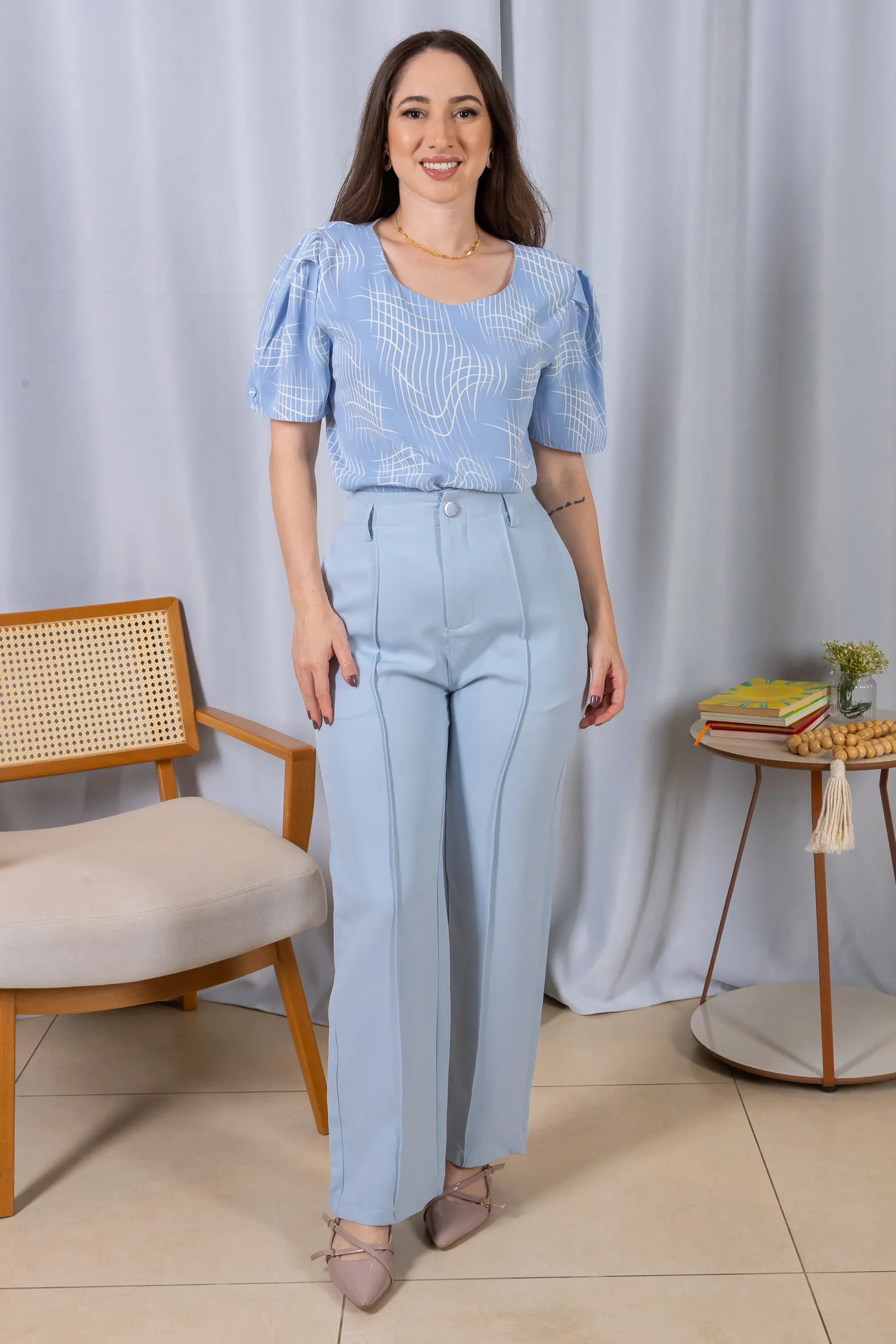 Calça Pantalona Alfaiataria Botão Encapado Margareth Azul - Image 13