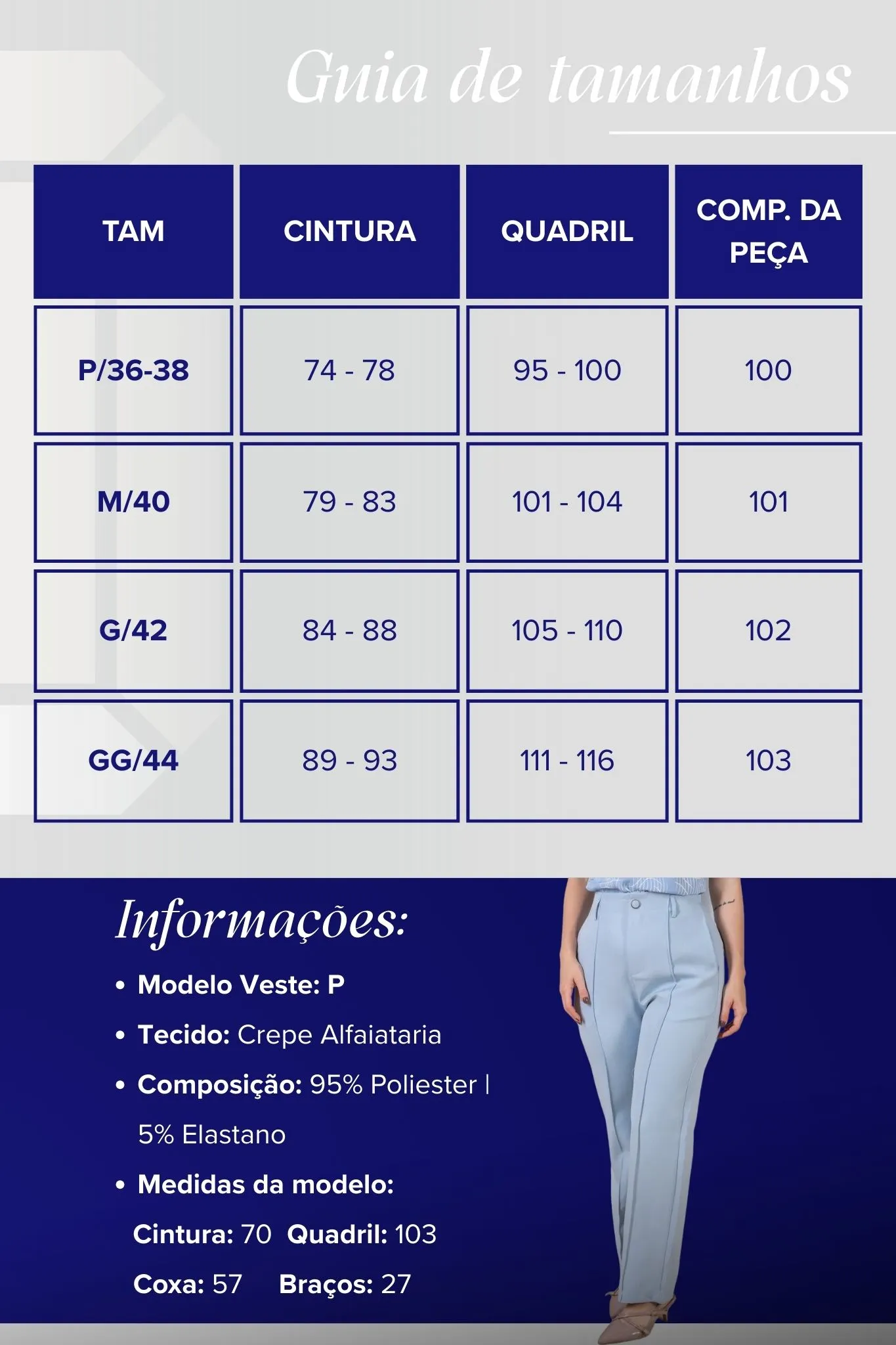 Calça Pantalona Alfaiataria Botão Encapado Margareth Azul - Image 3