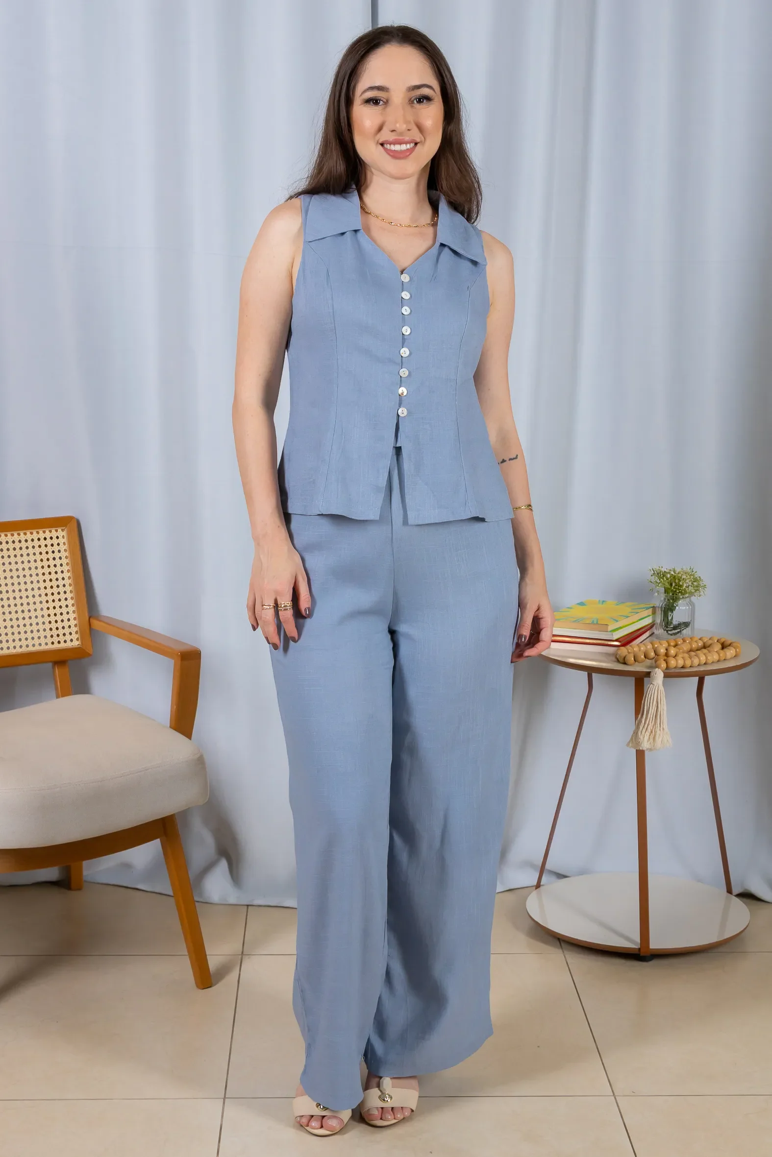 Calça Pantalona Cós com Elástico Visco Linho Flávia Azul - Image 11