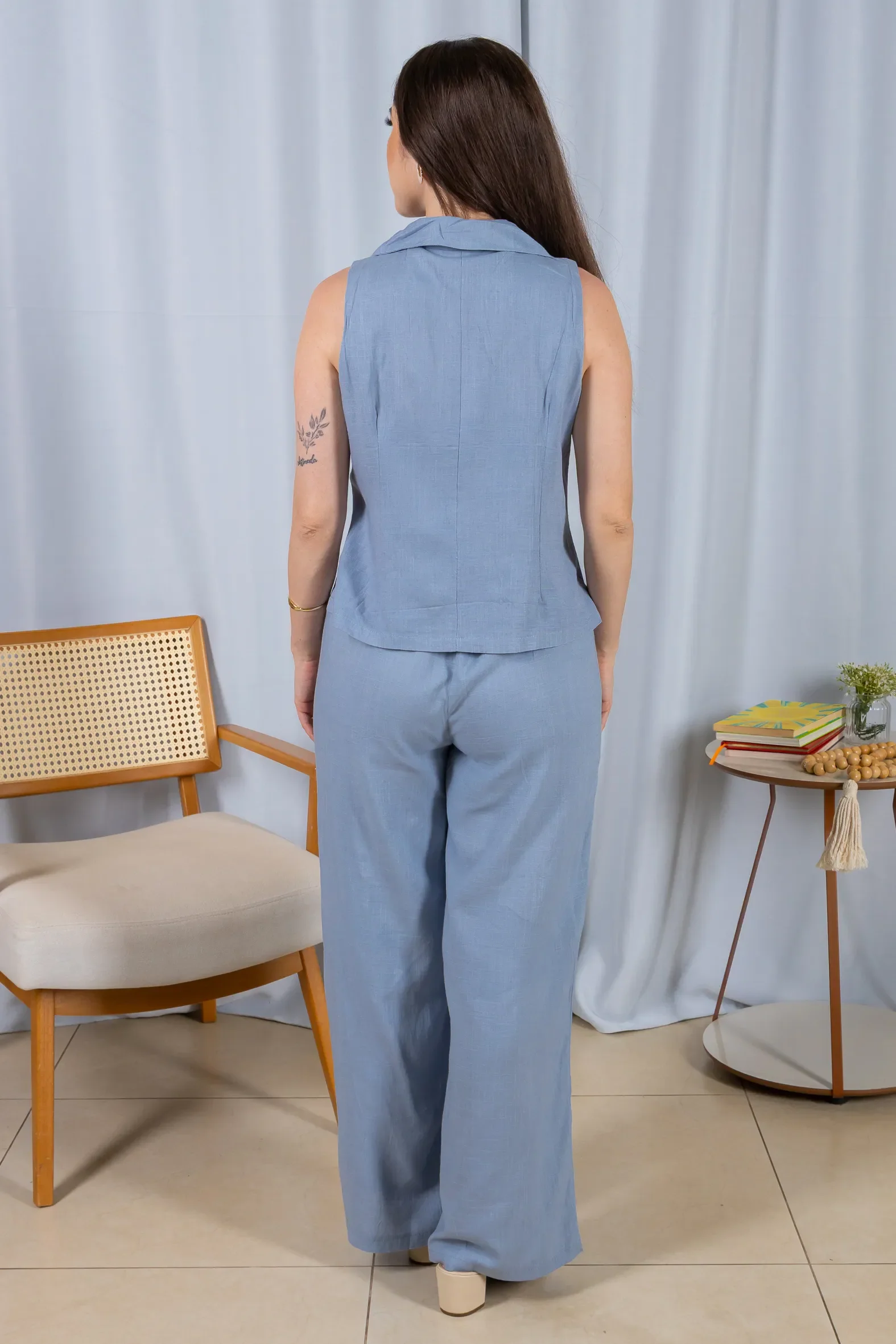 Calça Pantalona Cós com Elástico Visco Linho Flávia Azul - Image 12