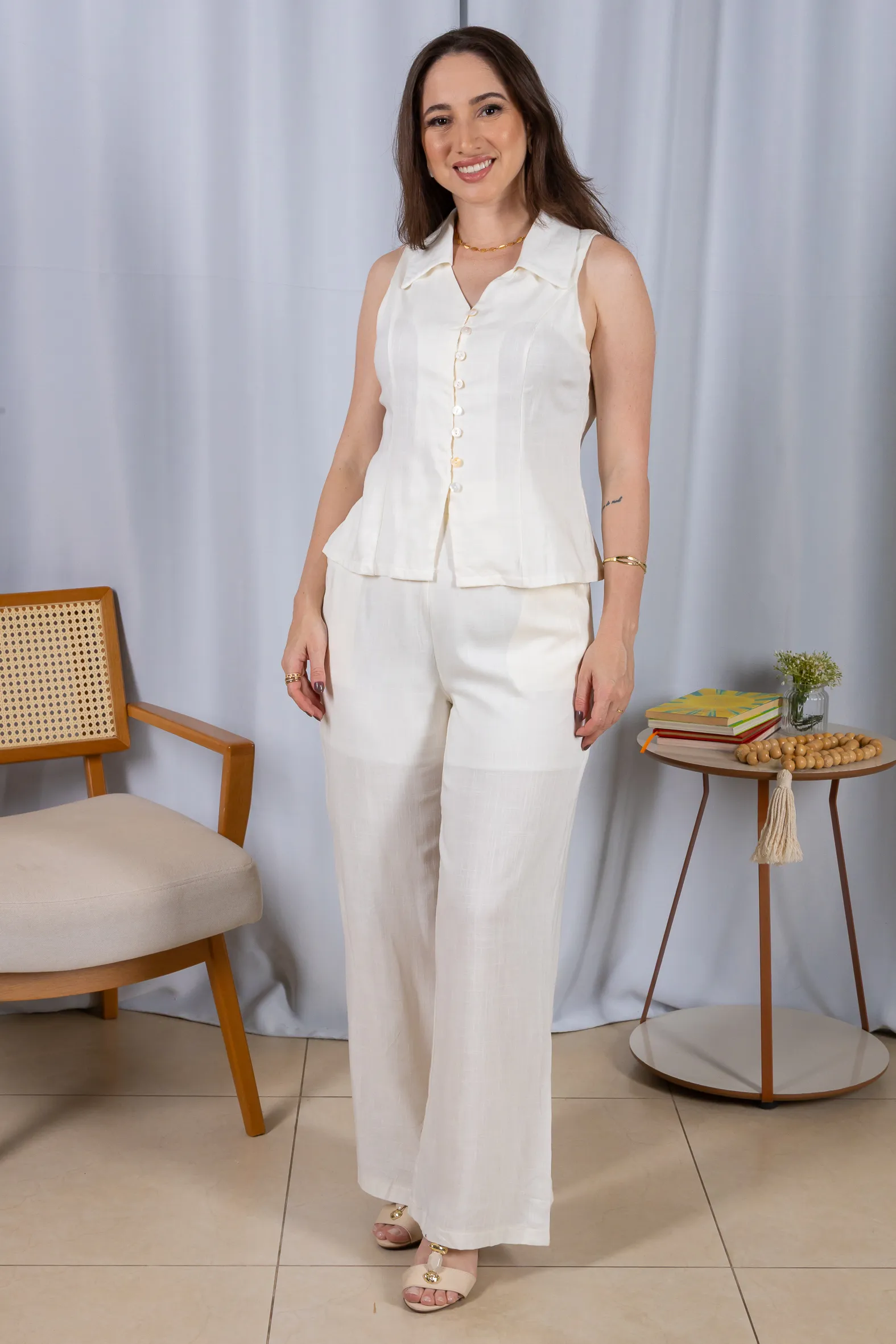 Calça Pantalona Cós com Elástico Visco Linho Flávia Branca - Image 12