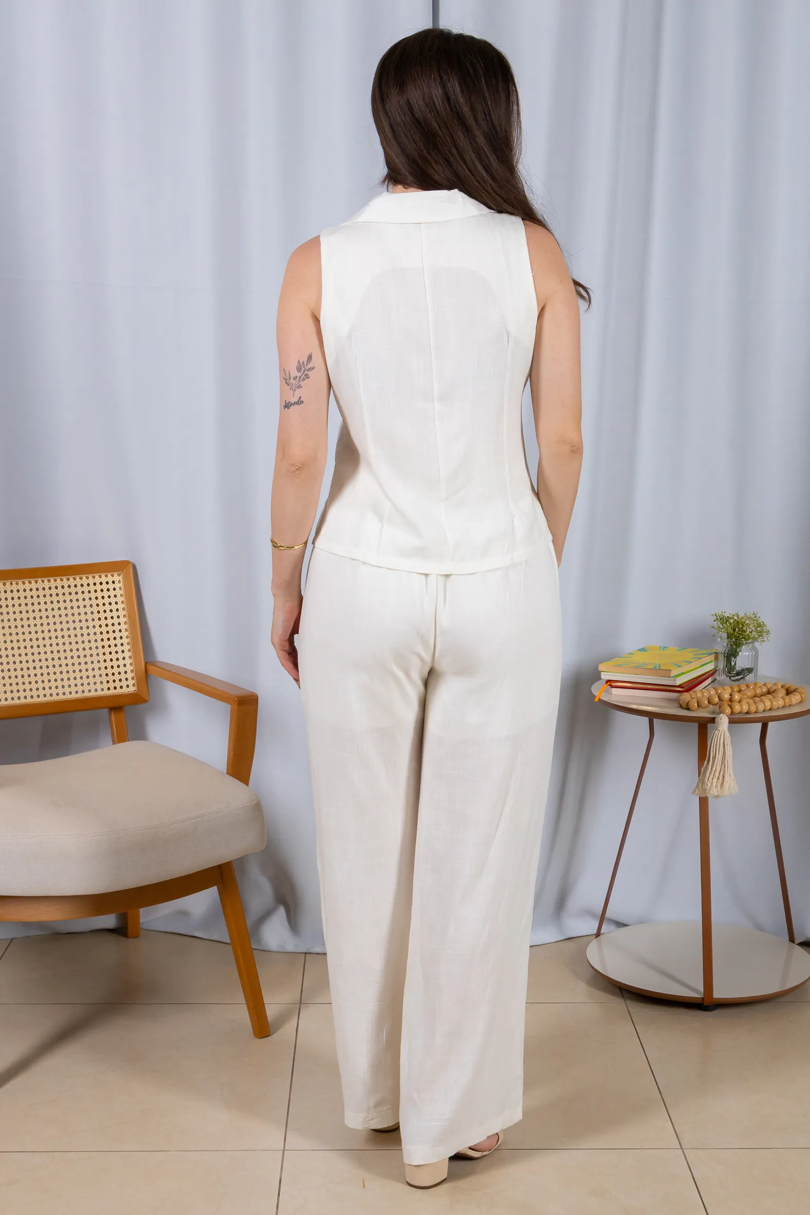 Calça Pantalona Cós com Elástico Visco Linho Flávia Branca - Image 15