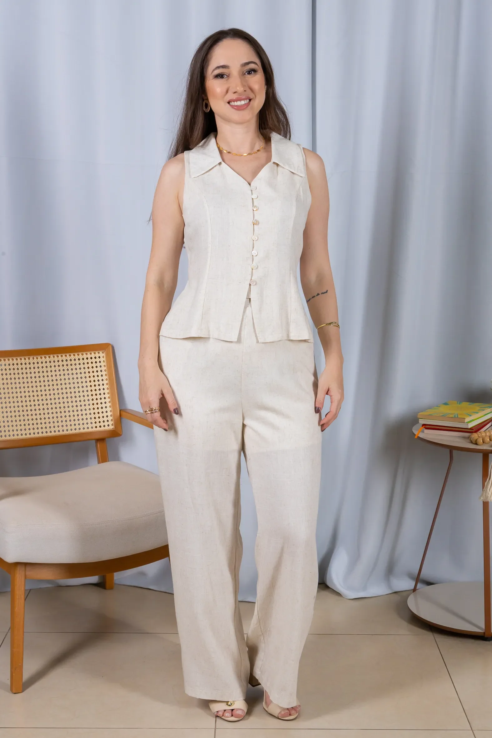 Calça Pantalona Cós com Elástico Visco Linho Flávia Creme - Image 10