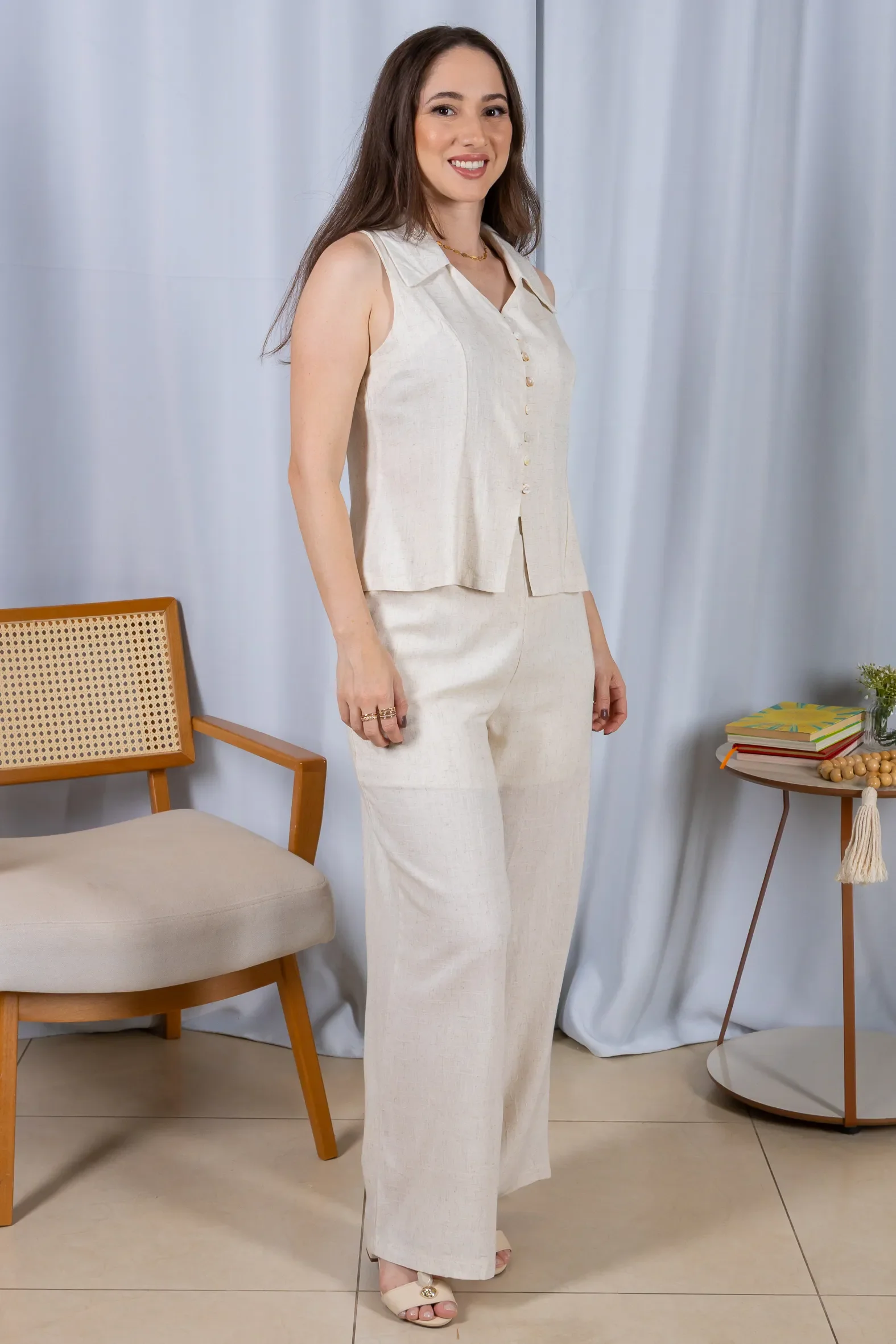 Calça Pantalona Cós com Elástico Visco Linho Flávia Creme - Image 11