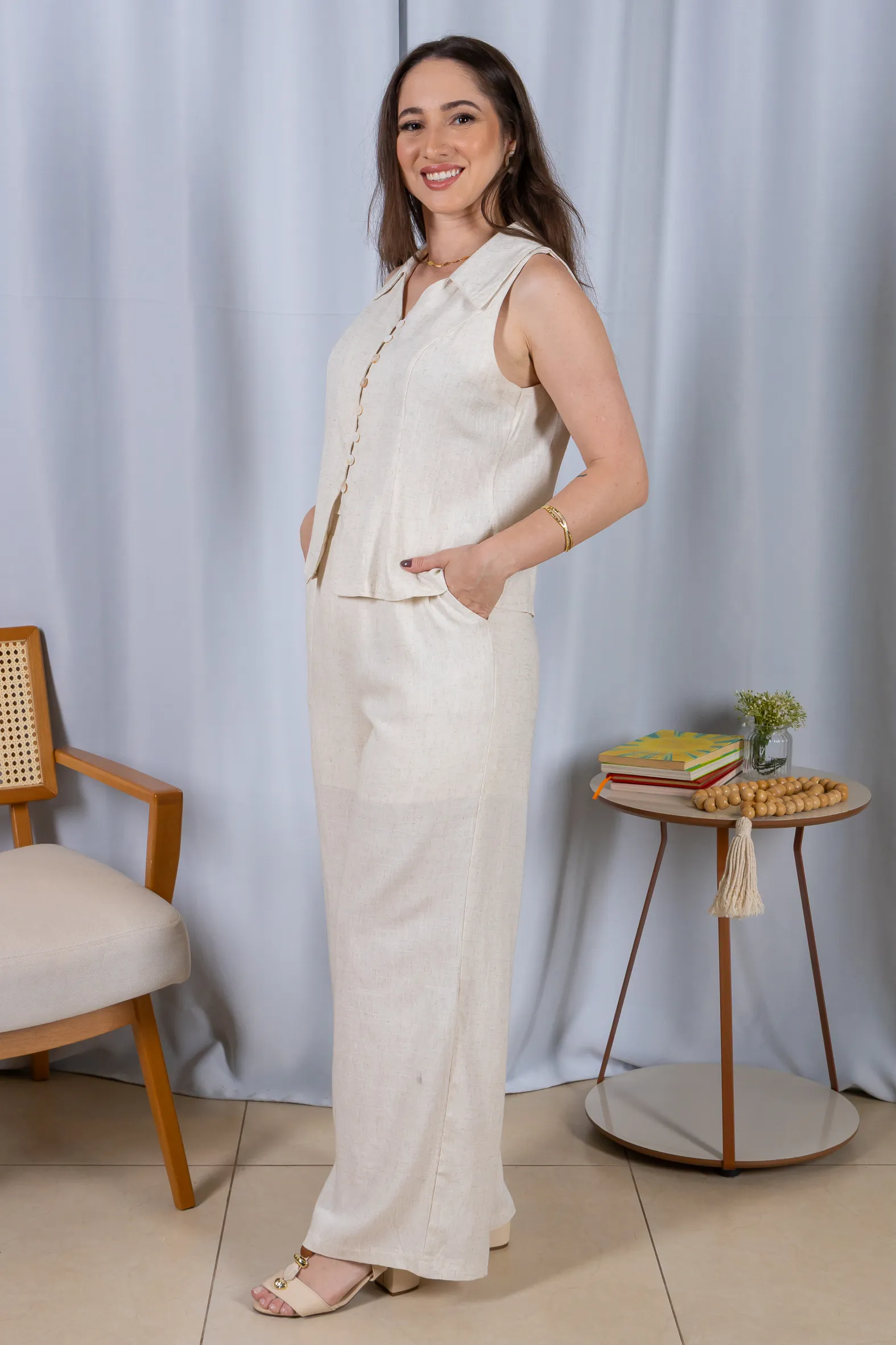 Calça Pantalona Cós com Elástico Visco Linho Flávia Creme - Image 13