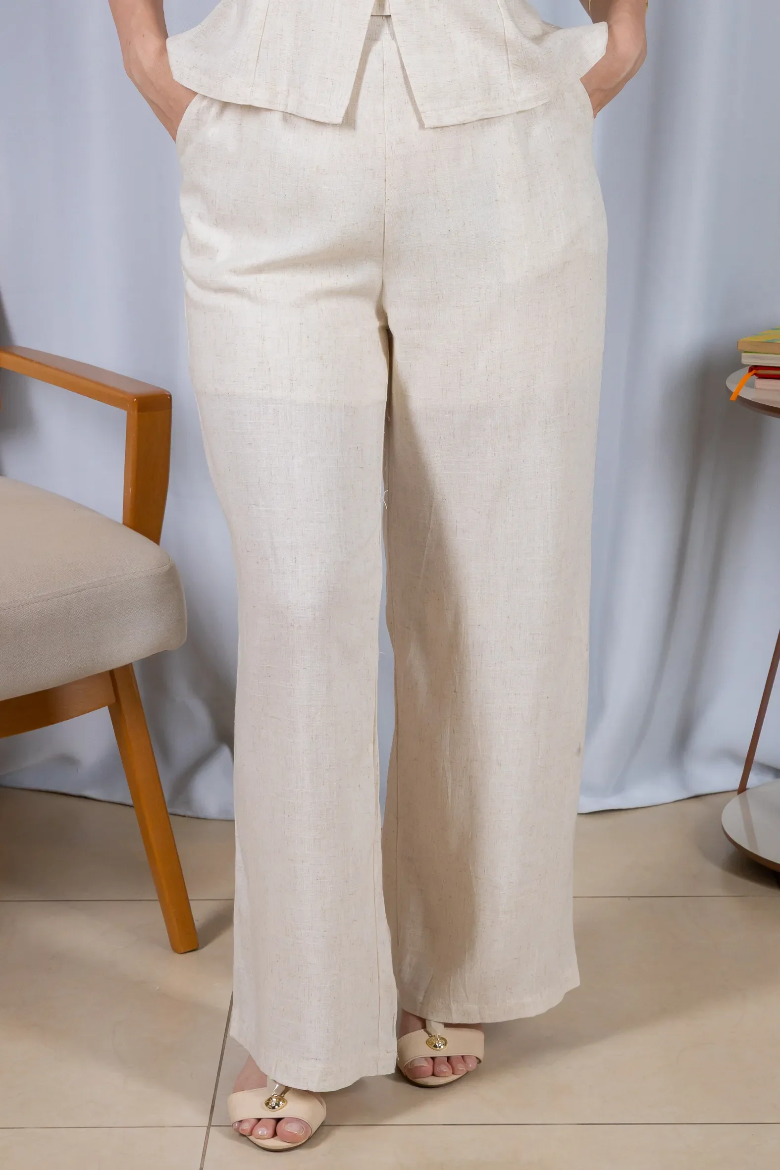 Calça Pantalona Cós com Elástico Visco Linho Flávia Creme - Image 7