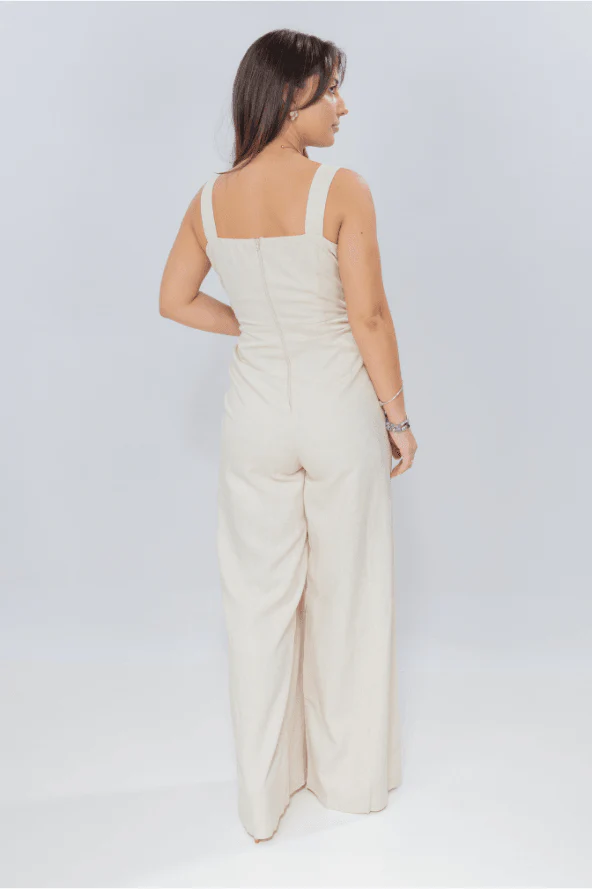 Macacão Pantalona Decote V Laiara Bege - Image 3