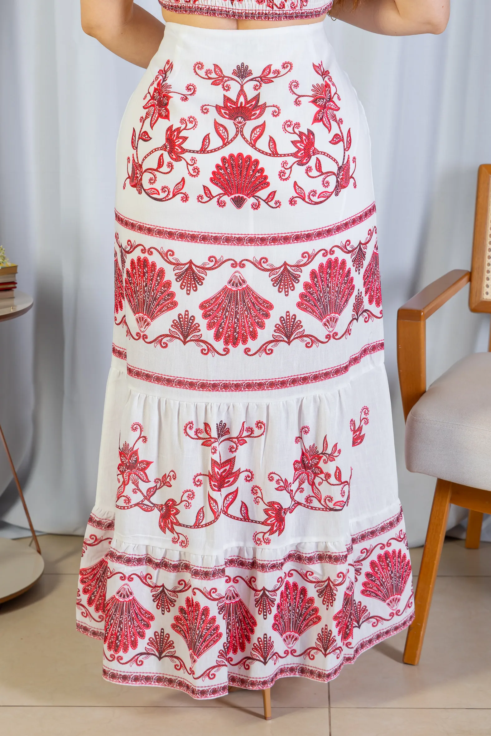 Saia Longa Camadas Crepe Soft Marina Ruy Estampada Vermelha - Image 5