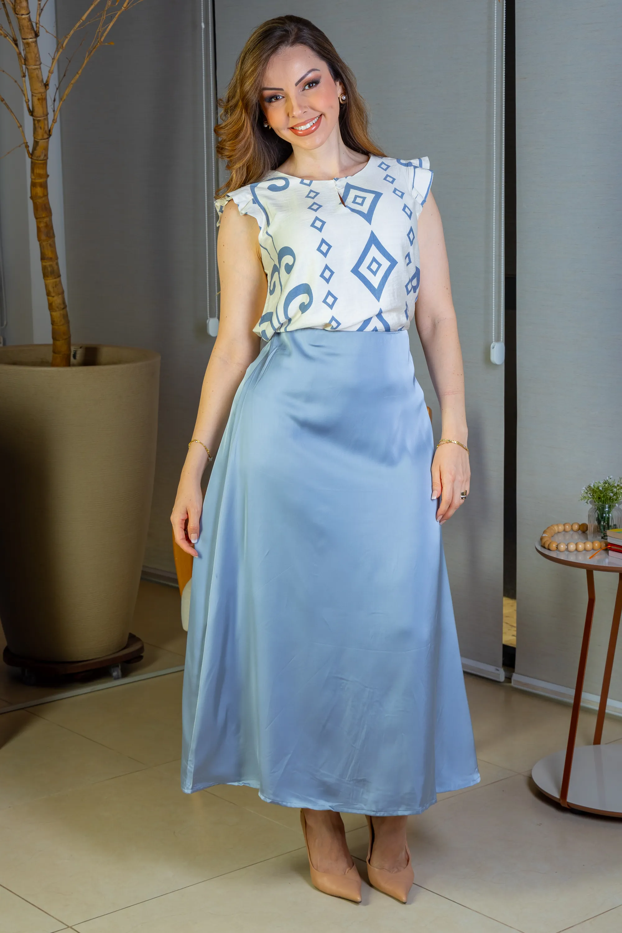 Saia Midi Lisa Sat Mix Magda Azul - Image 10