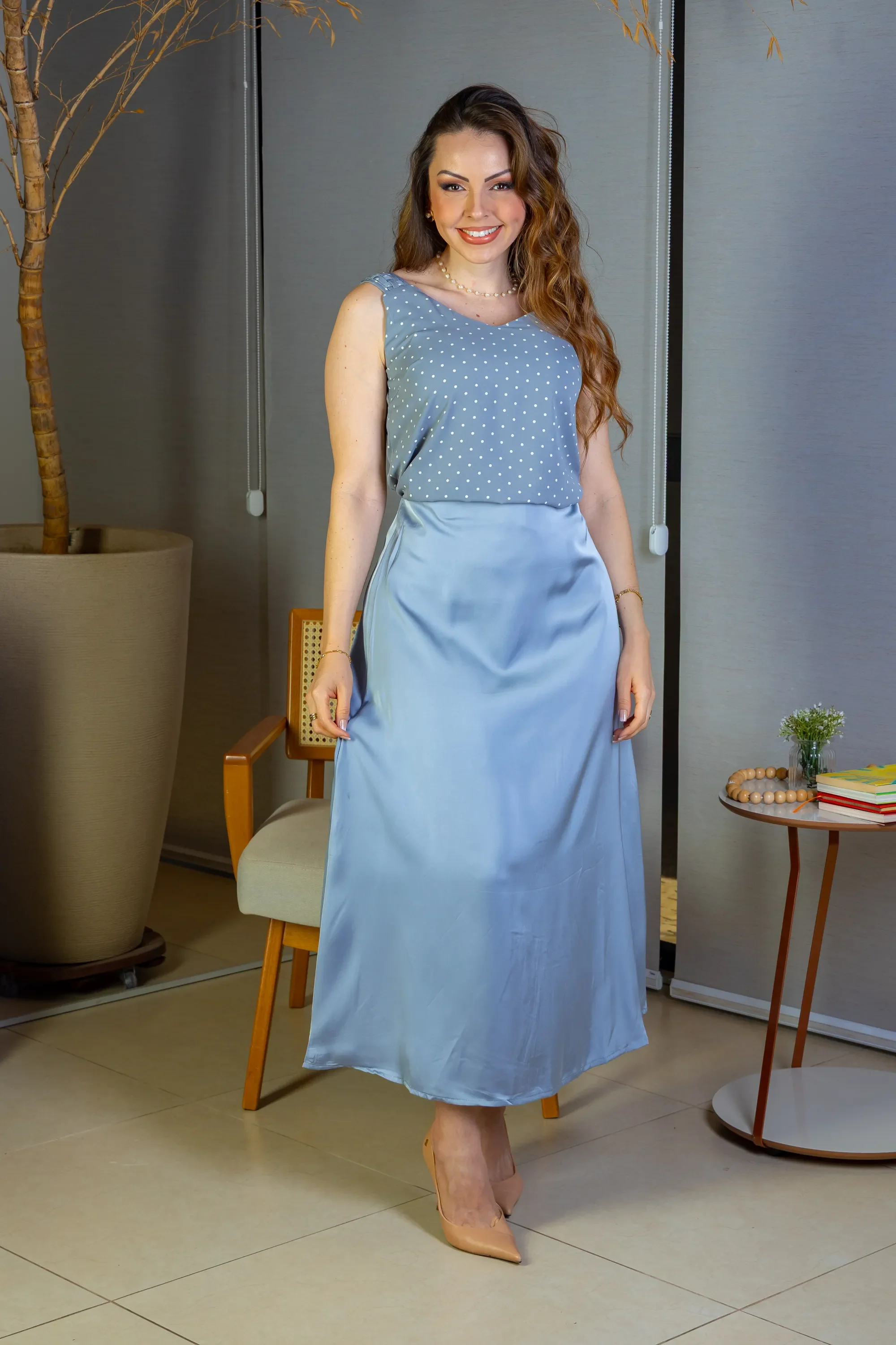 Saia Midi Lisa Sat Mix Magda Azul - Image 8