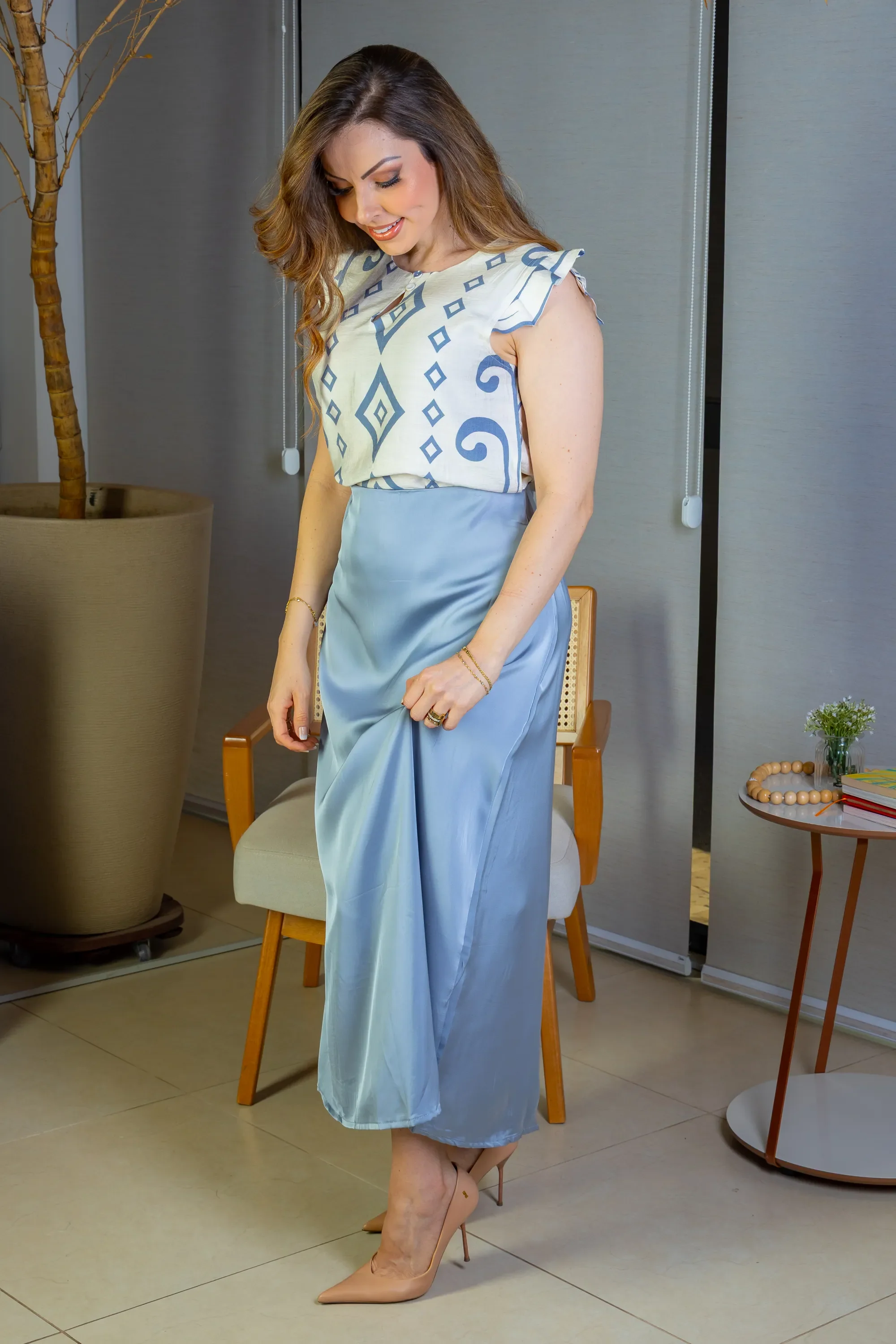 Saia Midi Lisa Sat Mix Magda Azul - Image 9