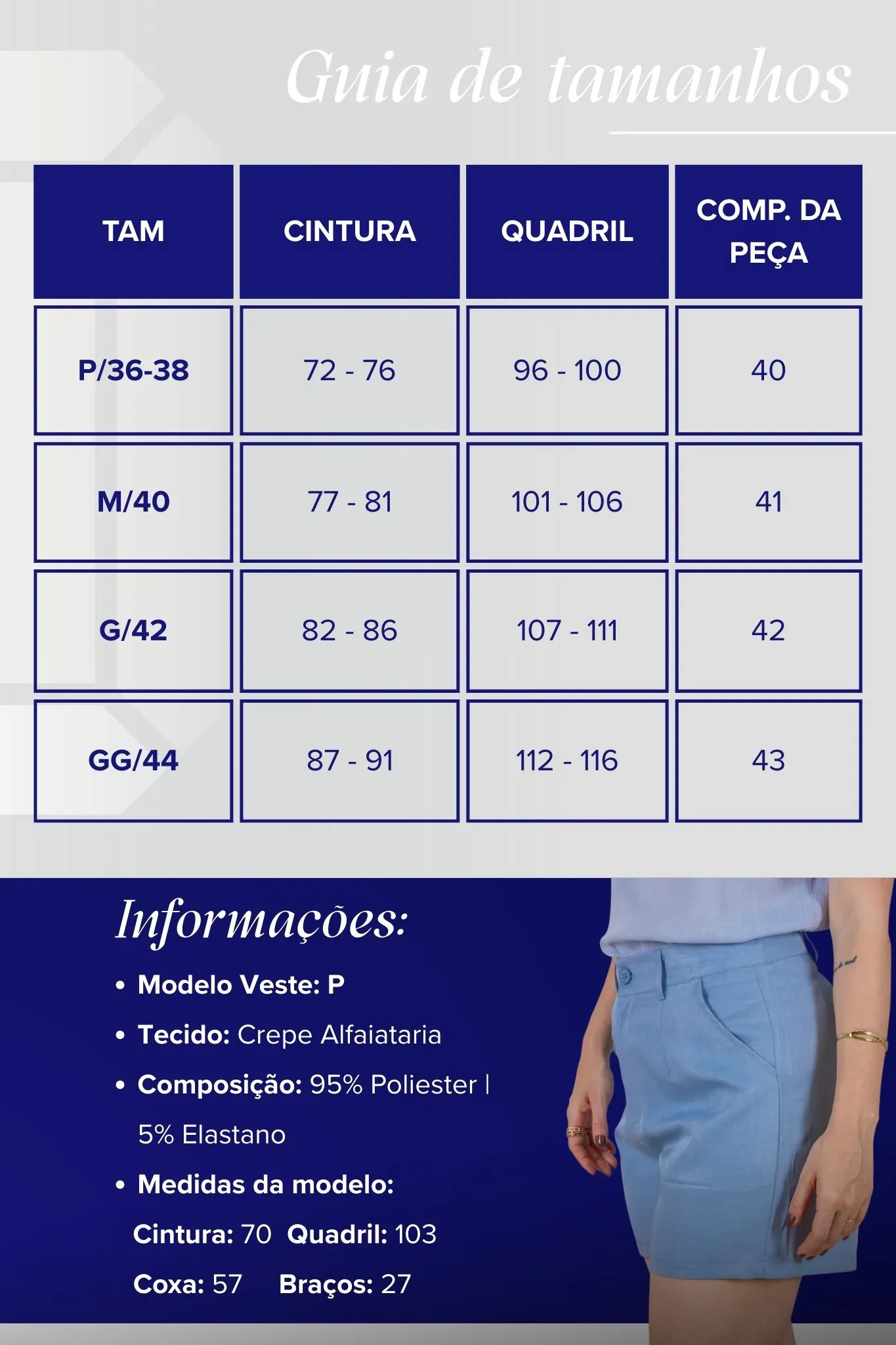 Bermuda Detalhes Botões Crepe Alfaiataria Débora Azul - Image 3