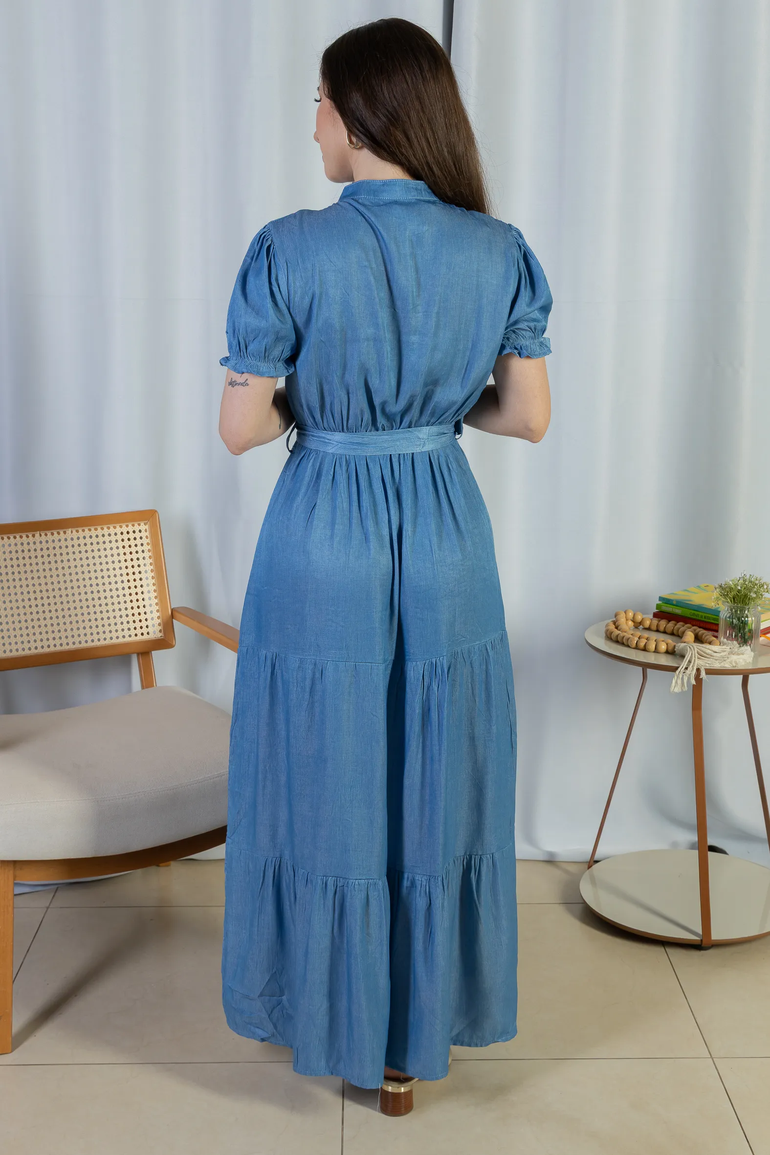 Vestido Logo Detalhe Botão Lyocell Vitória Azul Claro - Image 13