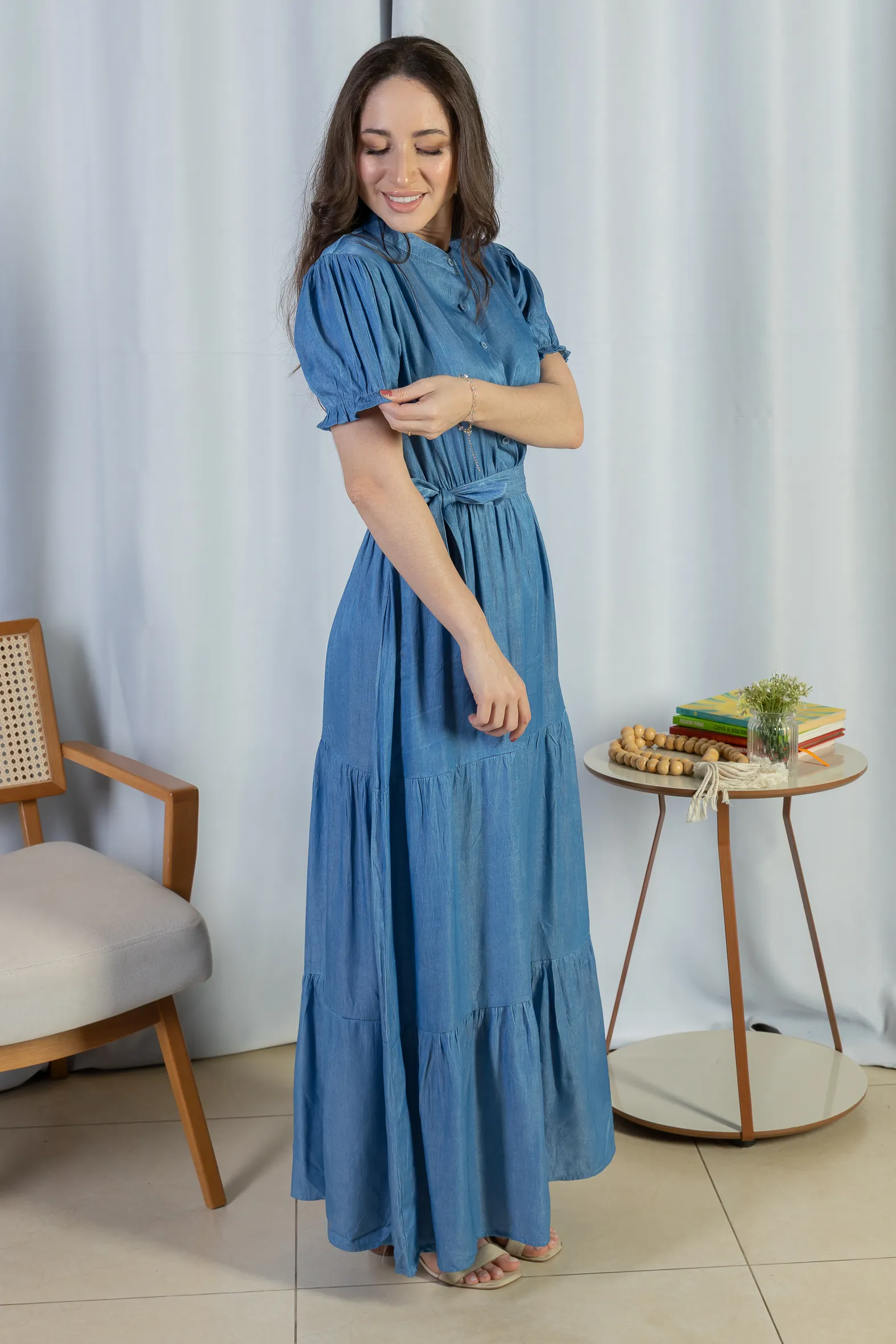 Vestido Logo Detalhe Botão Lyocell Vitória Azul Claro - Image 4