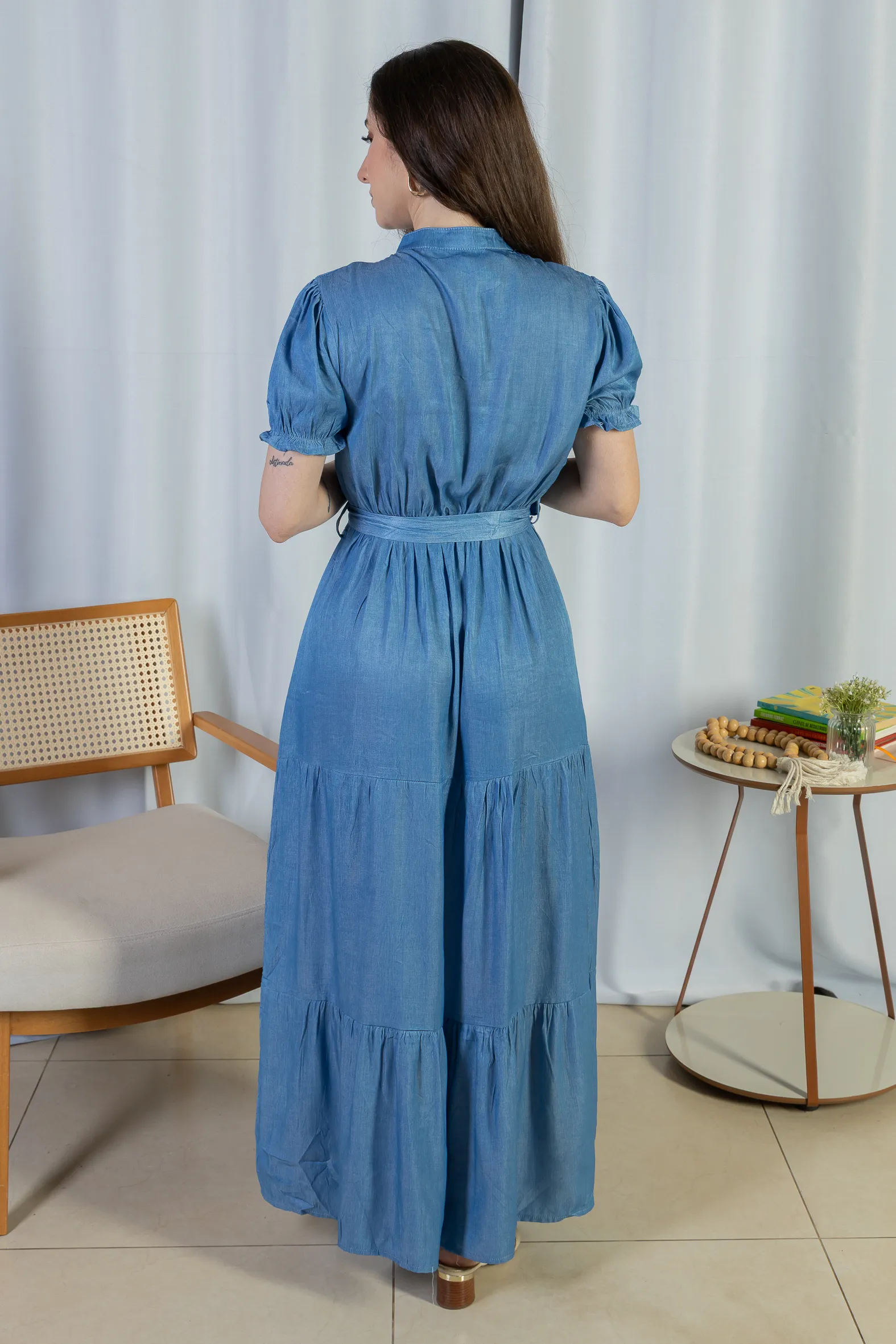 Vestido Logo Detalhe Botão Lyocell Vitória Azul Claro - Image 5