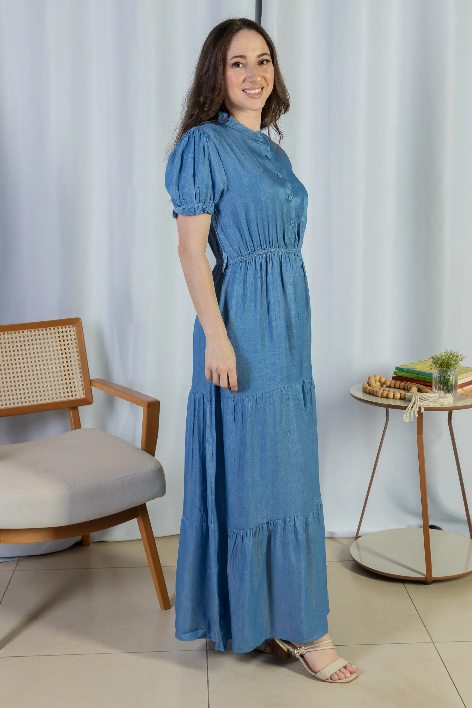 Vestido Logo Detalhe Botão Lyocell Vitória Azul Claro - Image 6