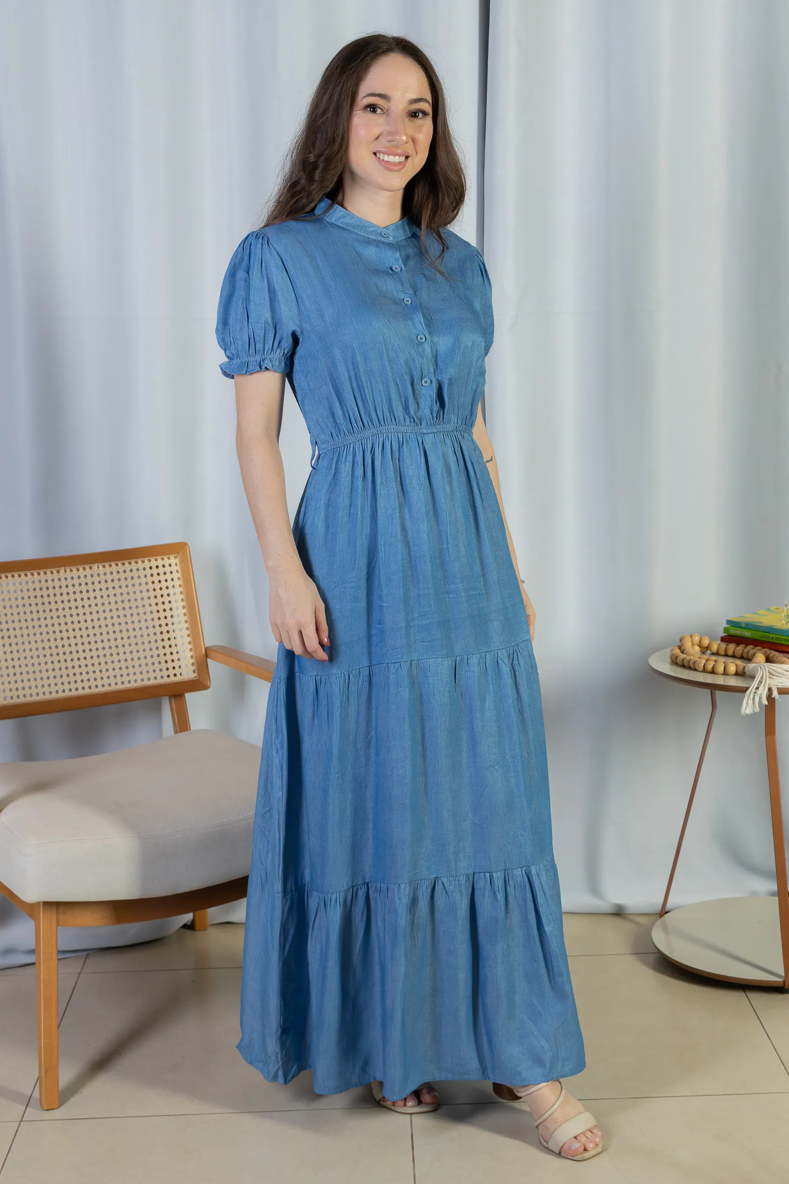 Vestido Logo Detalhe Botão Lyocell Vitória Azul Claro - Image 7