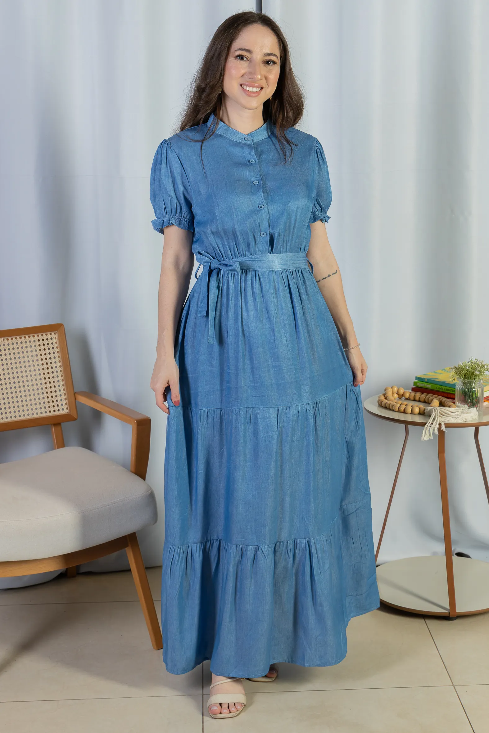 Vestido Logo Detalhe Botão Lyocell Vitória Azul Claro - Image 8