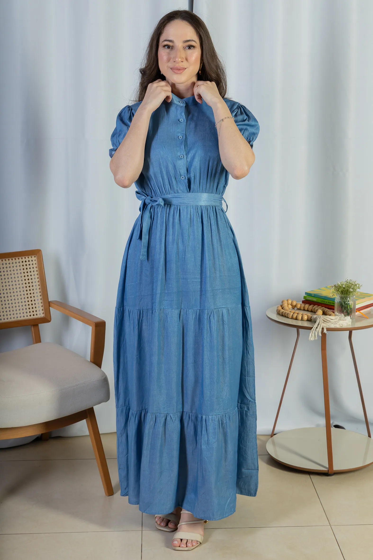 Vestido Logo Detalhe Botão Lyocell Vitória Azul Claro - Image 9