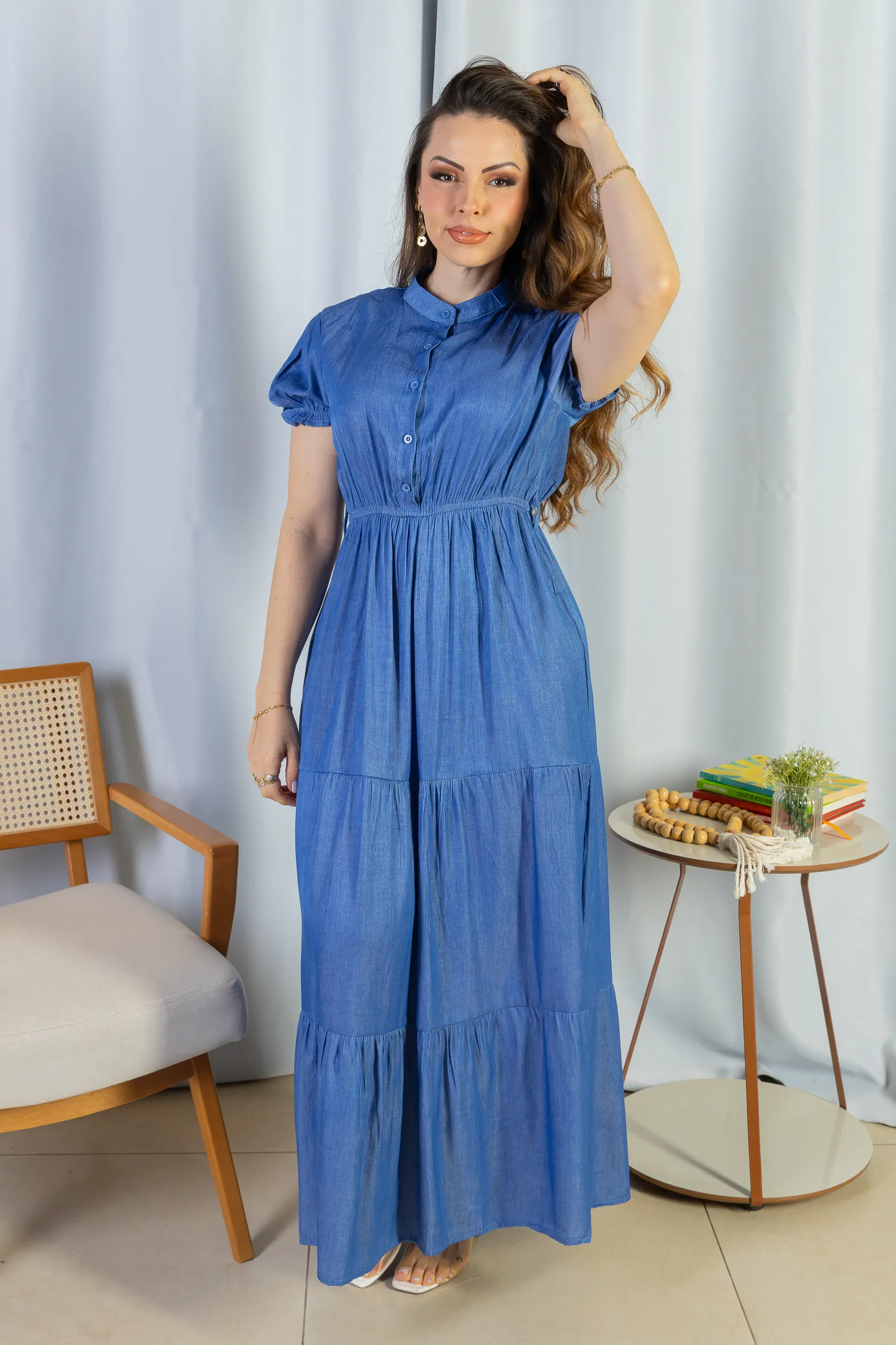 Vestido Logo Detalhe Botão Lyocell Vitória Azul Escuro - Image 10