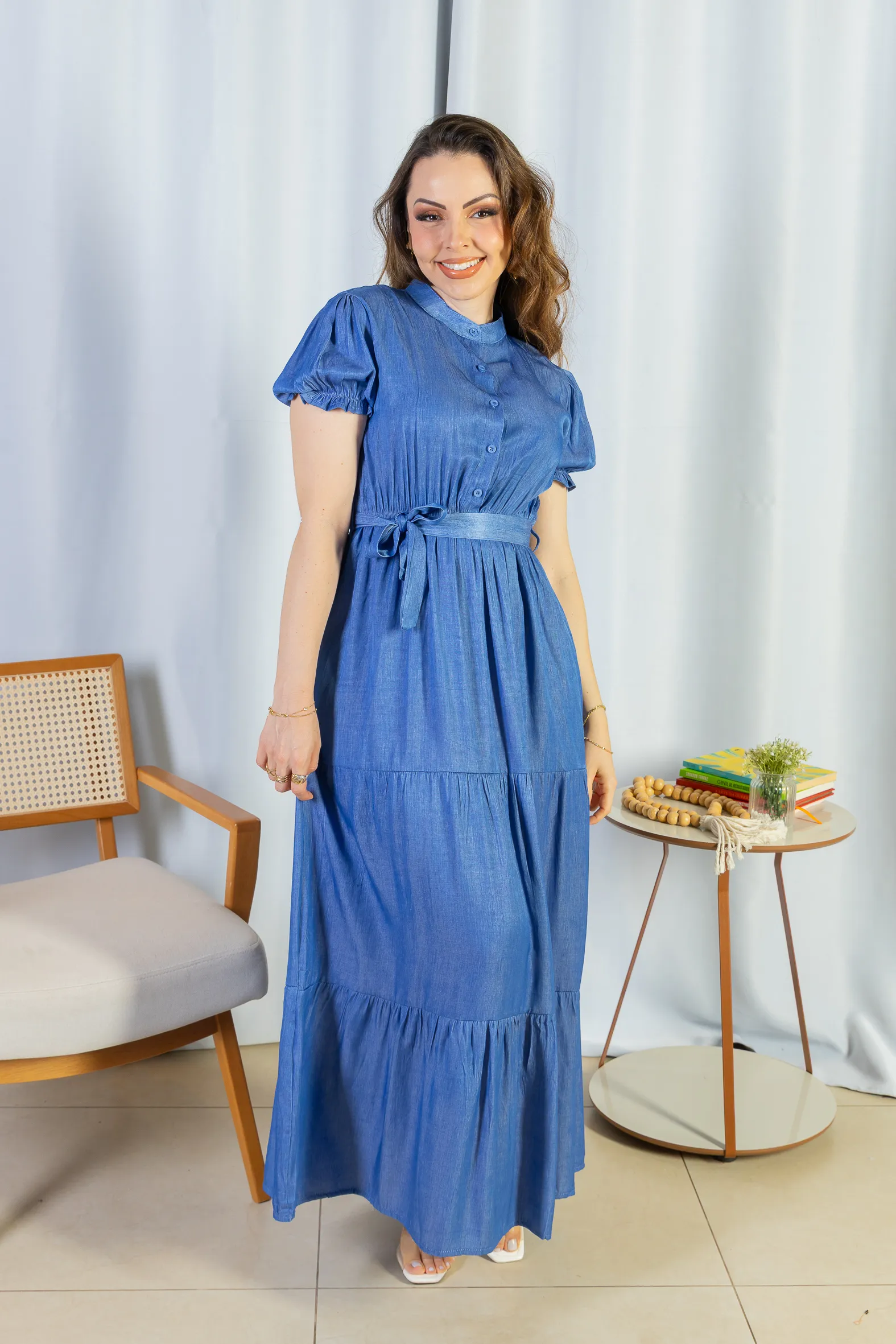 Vestido Logo Detalhe Botão Lyocell Vitória Azul Escuro - Image 13