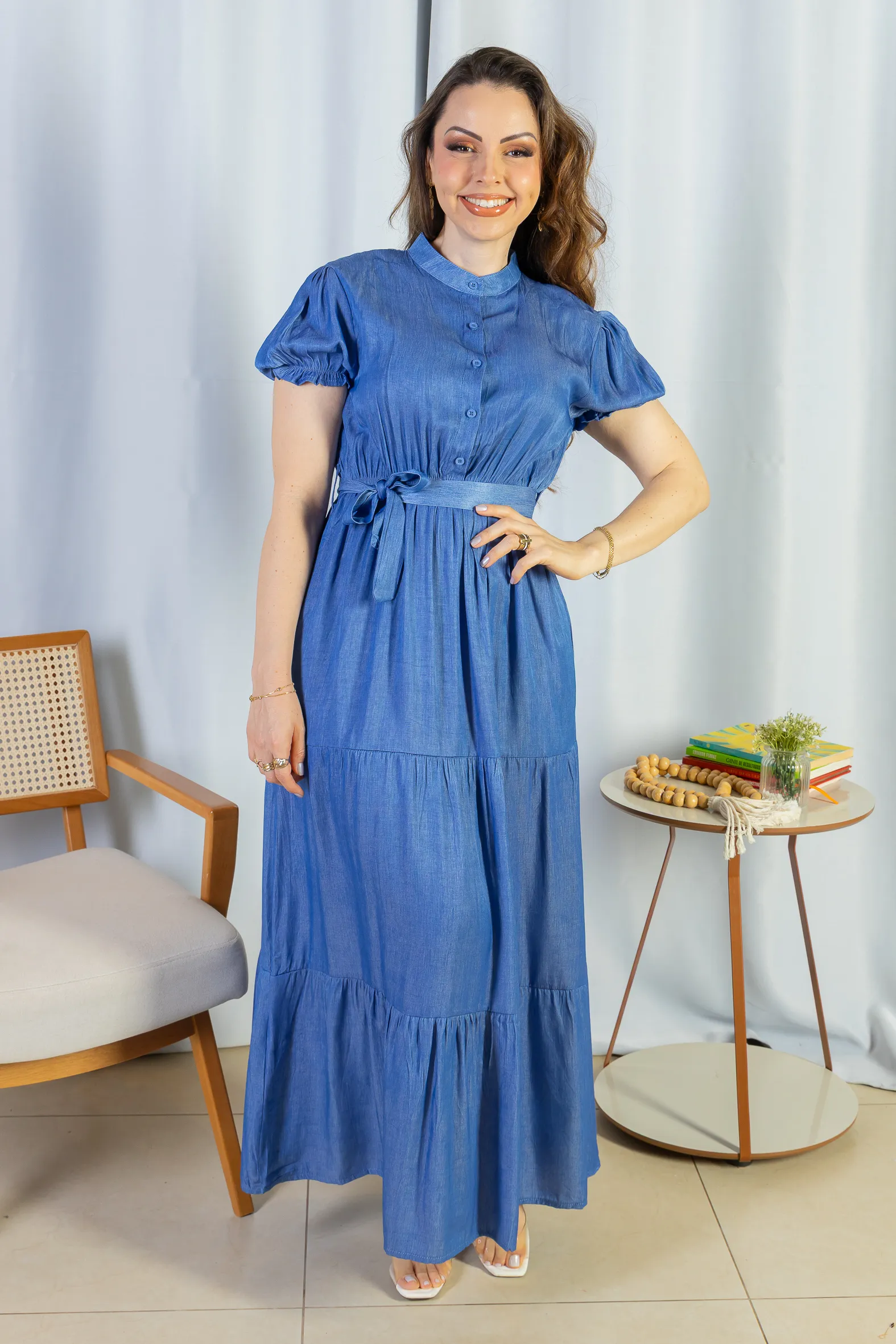 Vestido Logo Detalhe Botão Lyocell Vitória Azul Escuro - Image 14