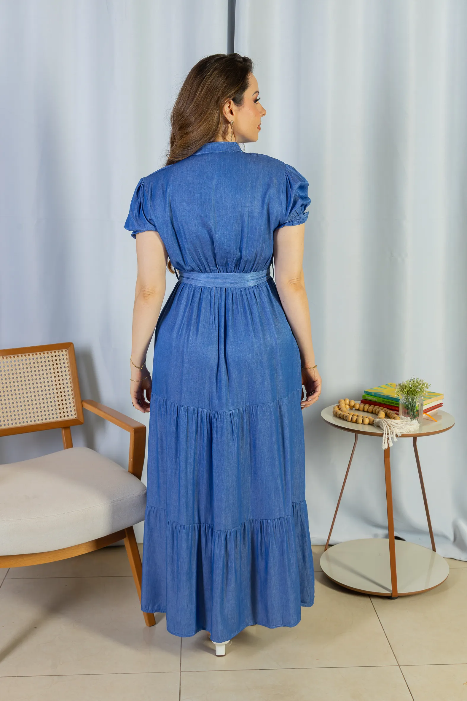 Vestido Logo Detalhe Botão Lyocell Vitória Azul Escuro - Image 5