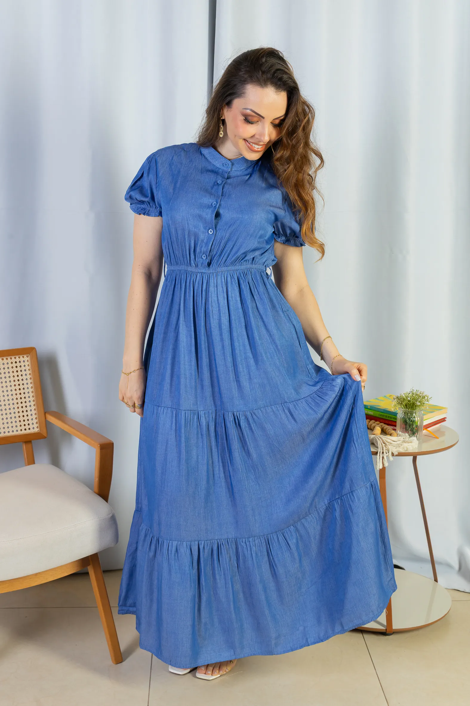 Vestido Logo Detalhe Botão Lyocell Vitória Azul Escuro - Image 6