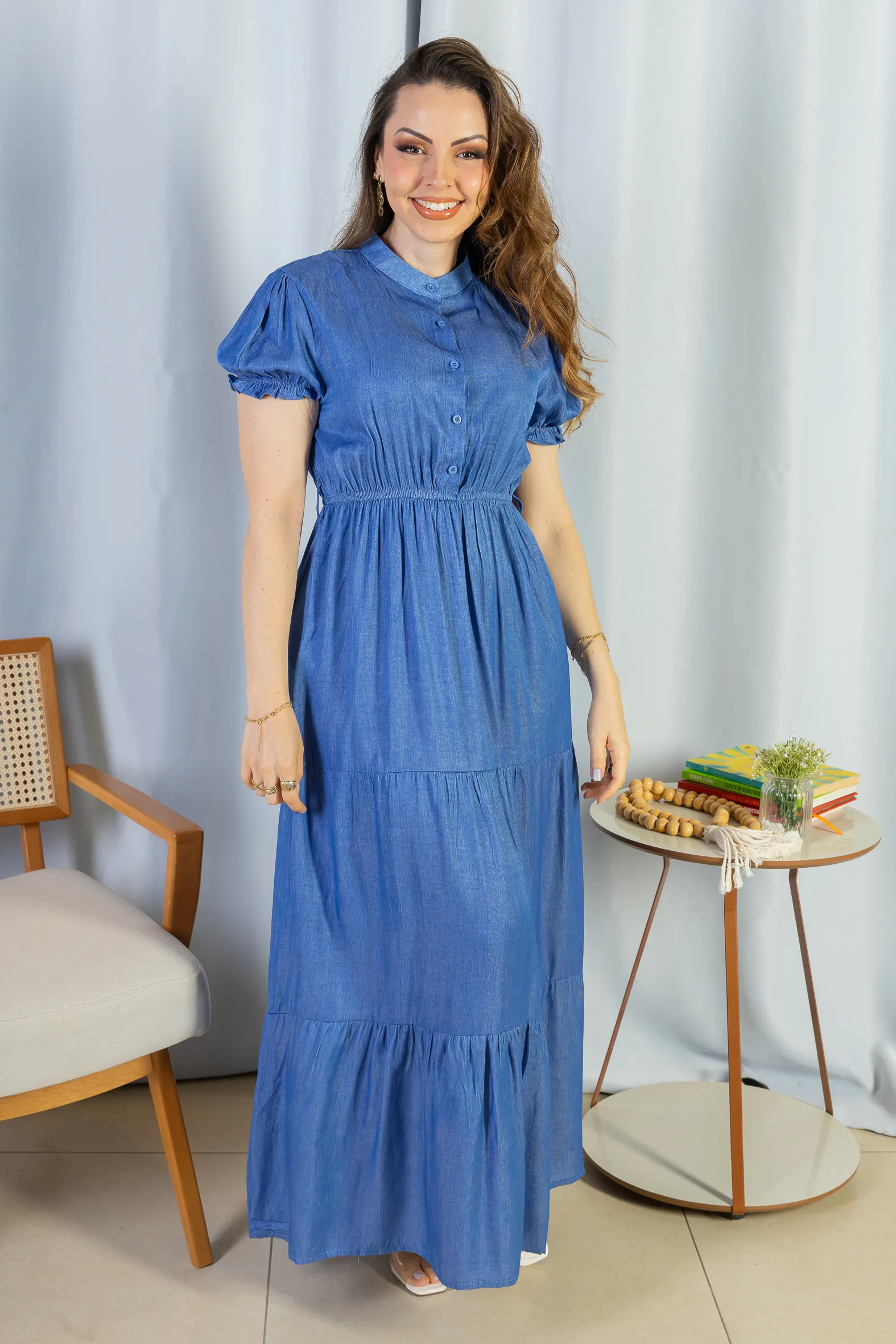 Vestido Logo Detalhe Botão Lyocell Vitória Azul Escuro - Image 7