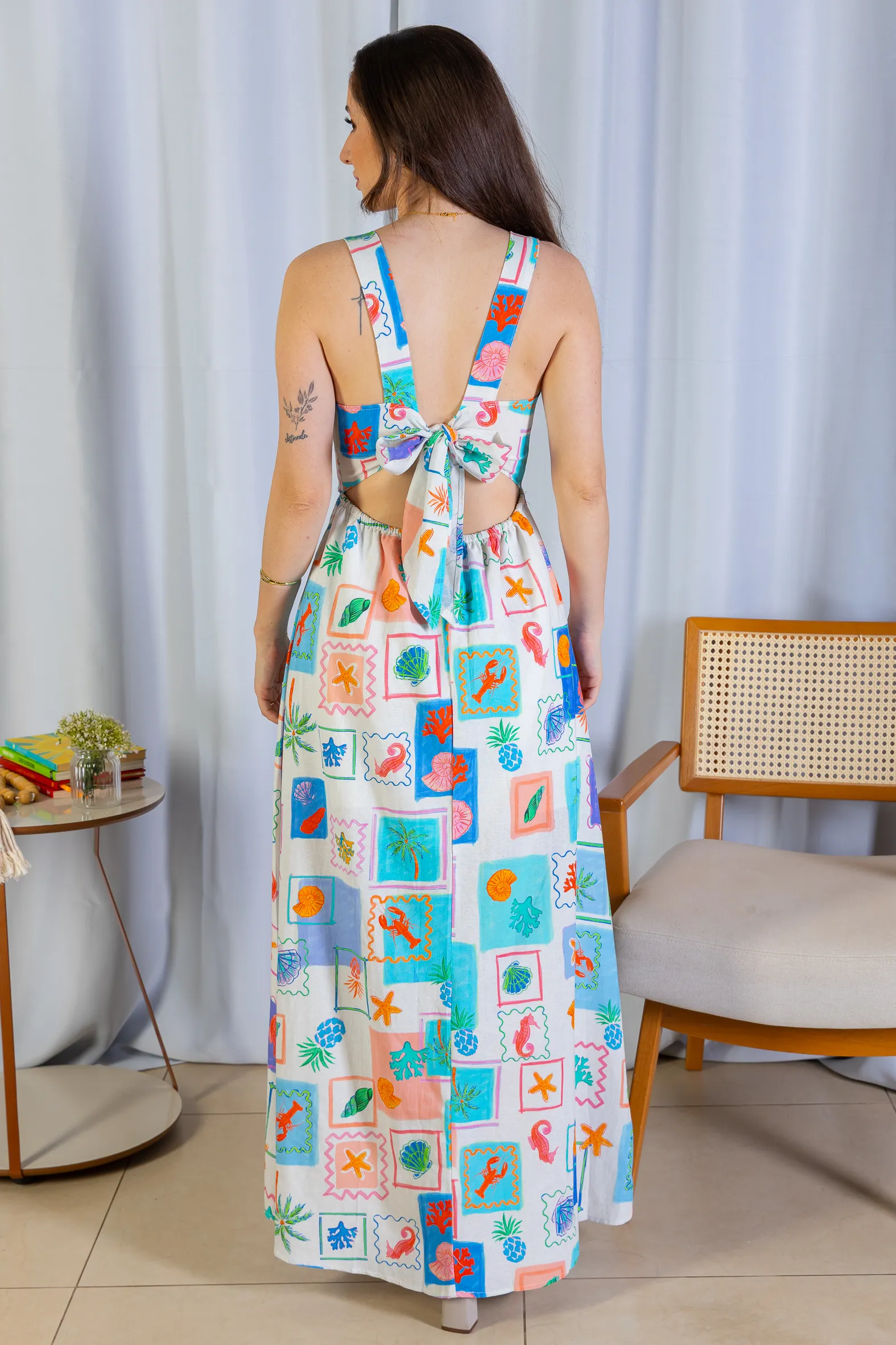 Vestido Longo Amarração Cotton Mix Ísis Valverde Estampado Azul - Image 5