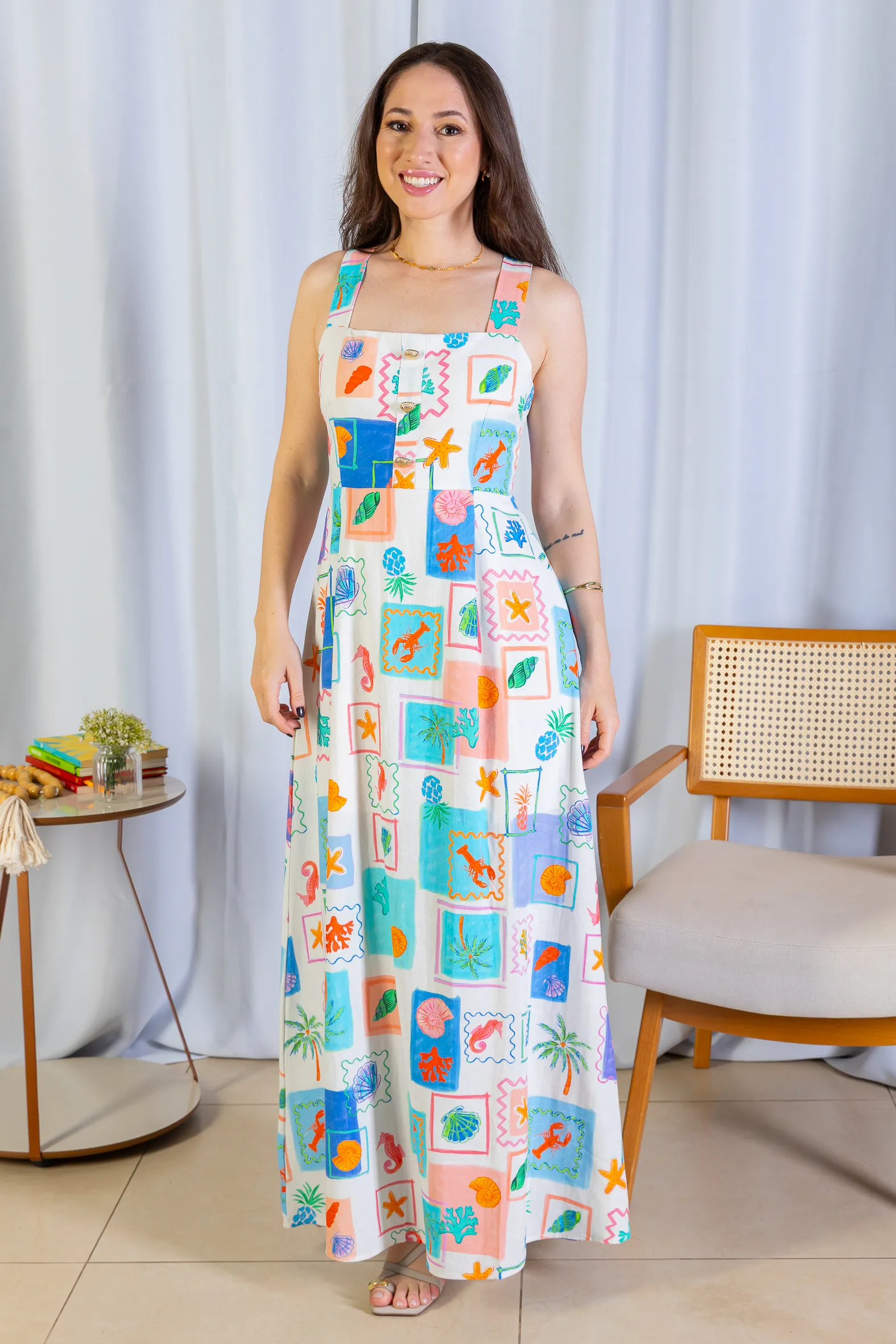 Vestido Longo Amarração Cotton Mix Ísis Valverde Estampado Azul - Image 8