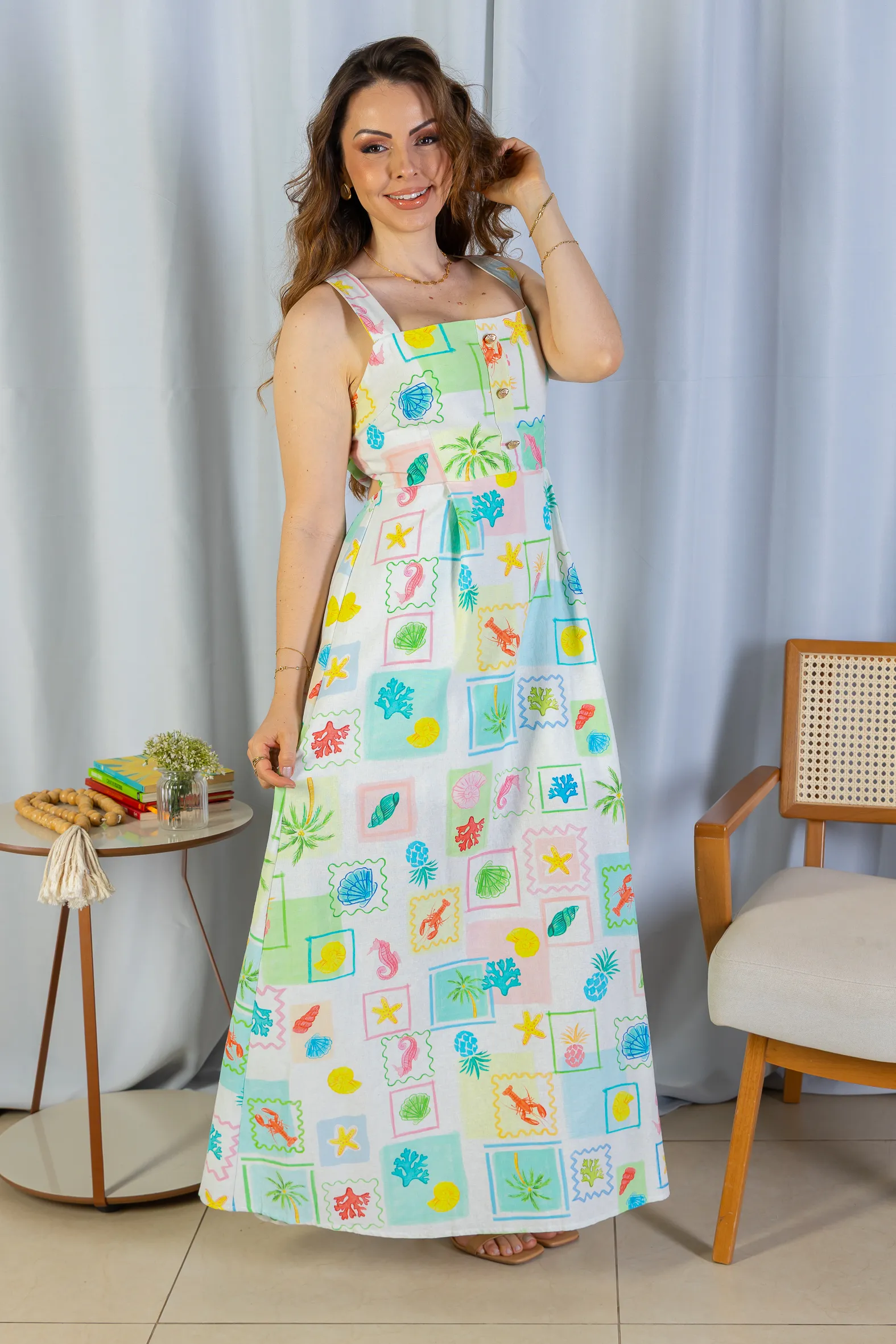 Vestido Longo Amarração Cotton Mix Ísis Valverde Estampado Verde - Image 4