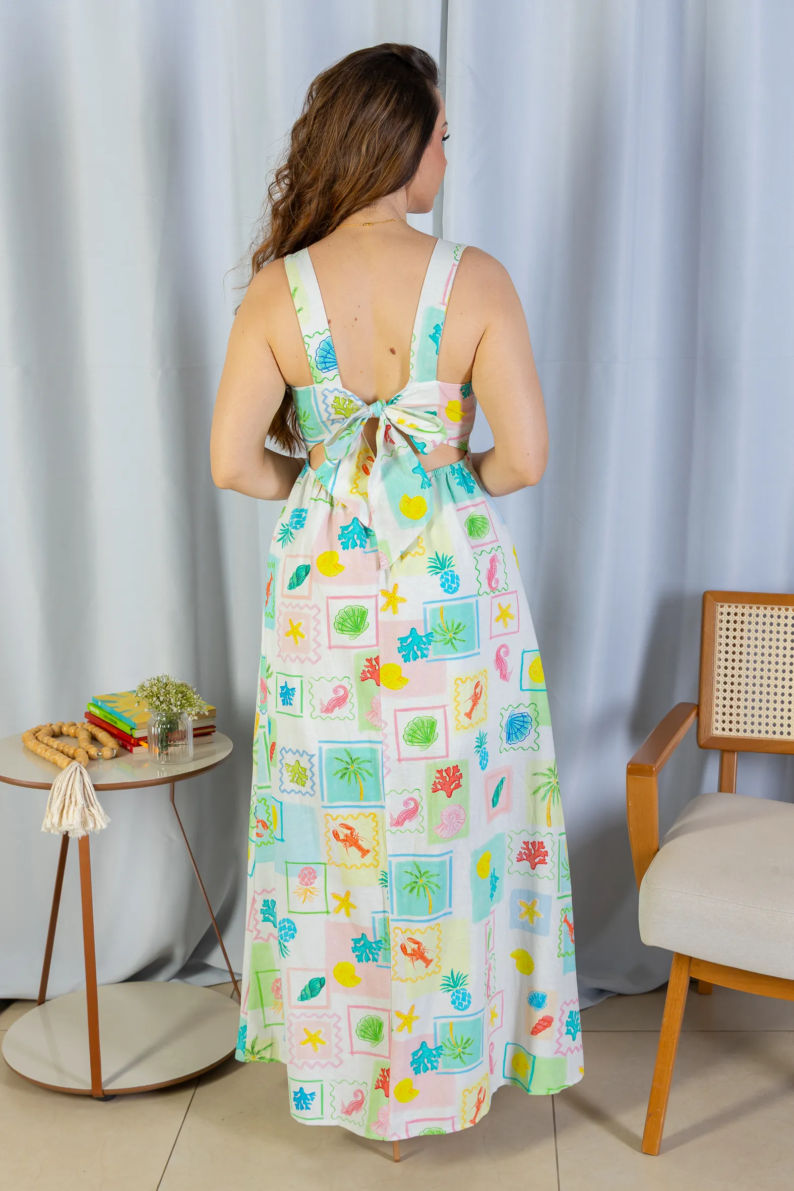 Vestido Longo Amarração Cotton Mix Ísis Valverde Estampado Verde - Image 5