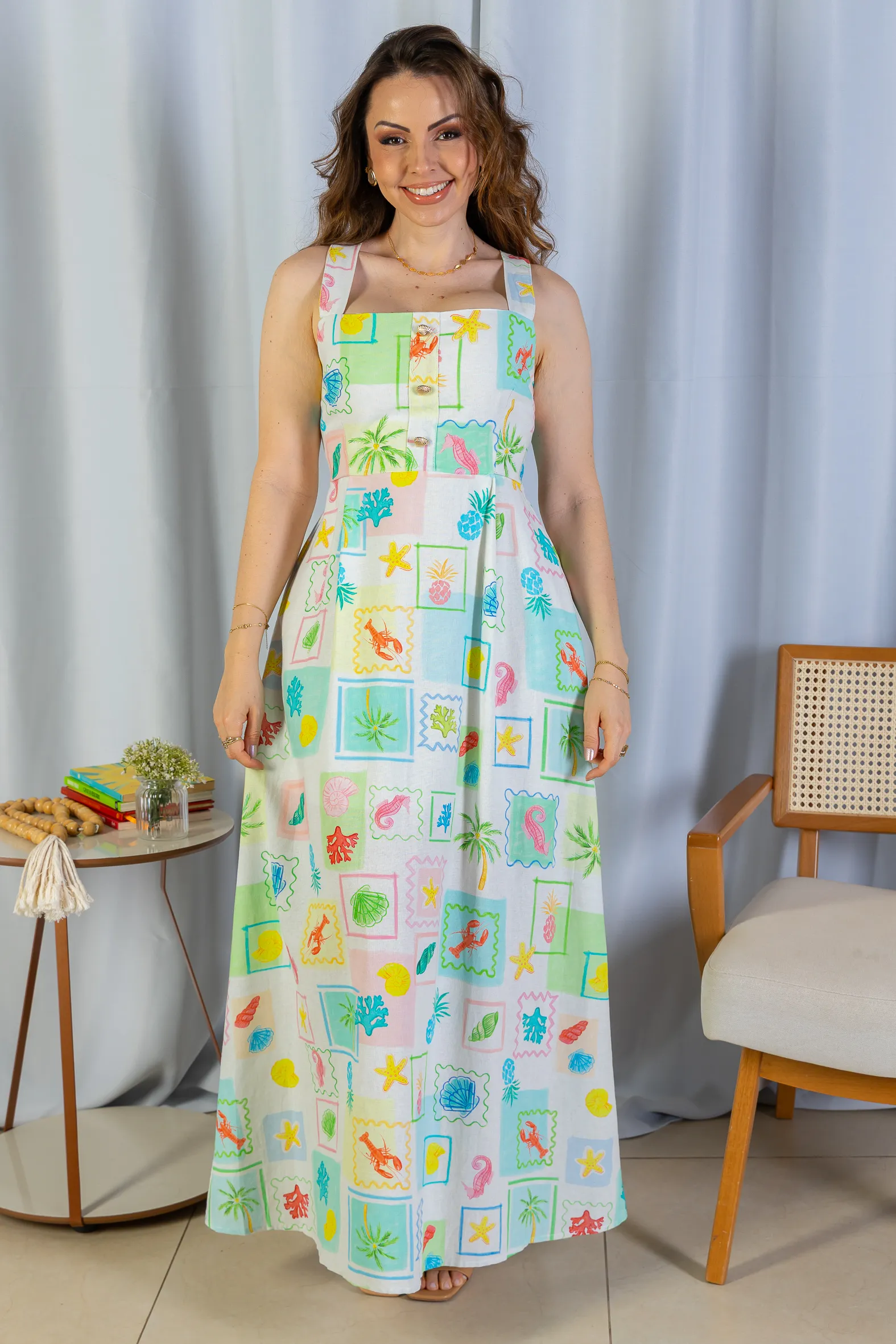 Vestido Longo Amarração Cotton Mix Ísis Valverde Estampado Verde - Image 6