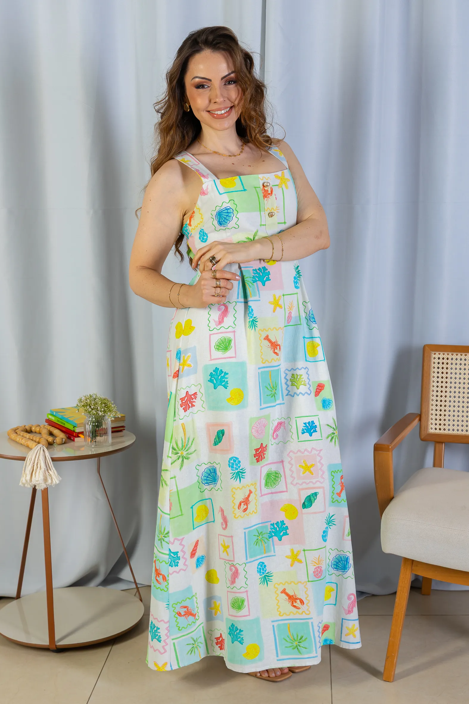 Vestido Longo Amarração Cotton Mix Ísis Valverde Estampado Verde - Image 7