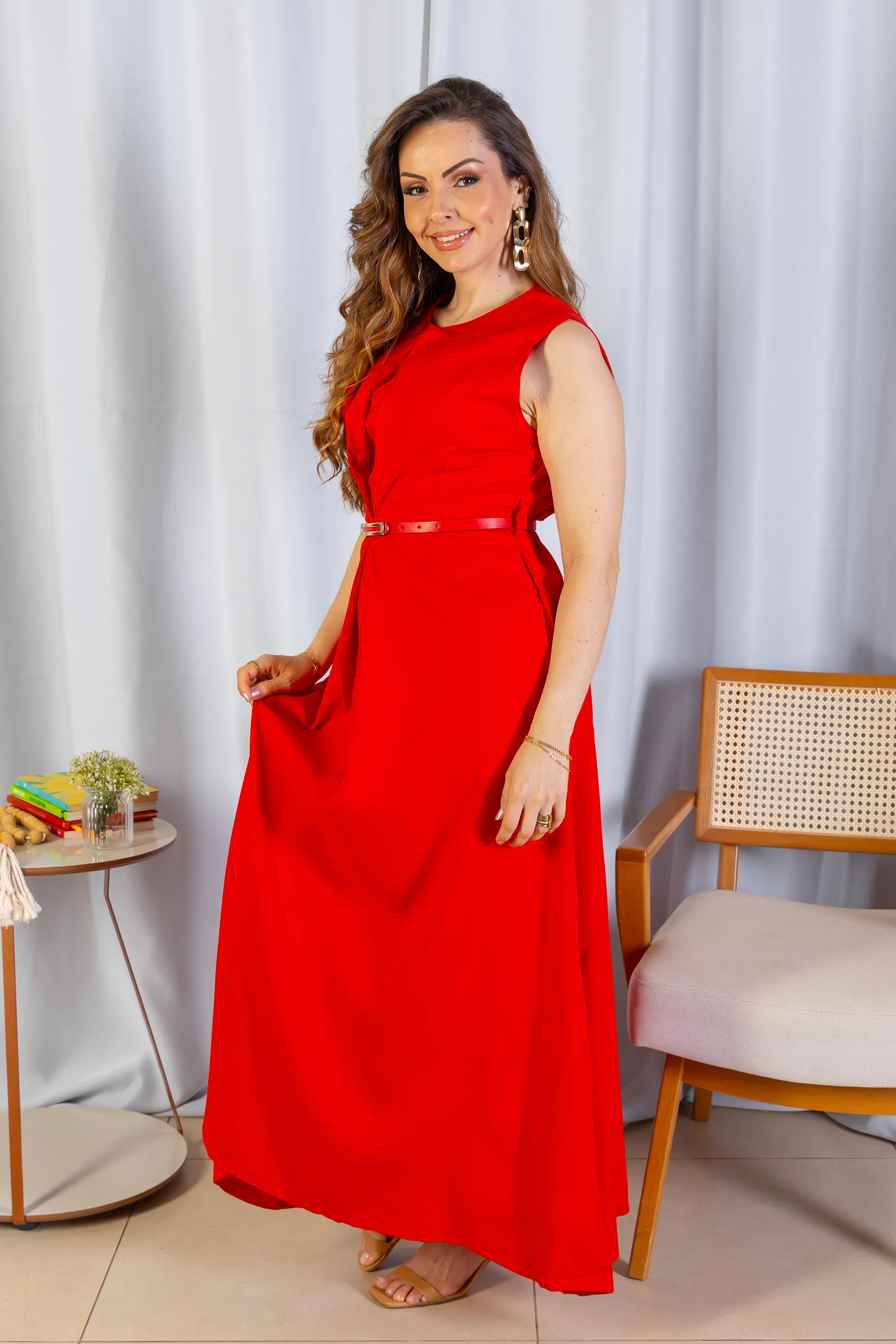 Vestido Longo Alfaiataria Detalhe Cinto Patrícia Poeta Vermelho - Image 14